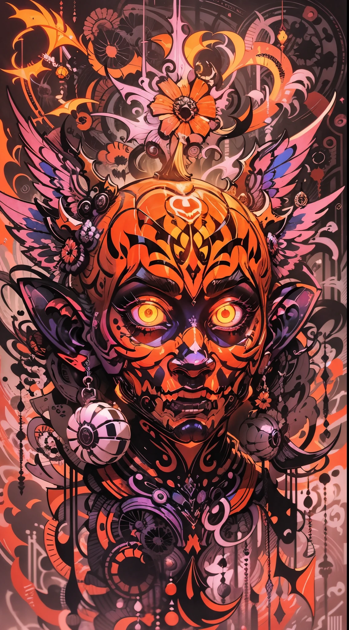 Explosive, otherworldly painting of a shape-shifting deity adorned with chaotic Halloween motifs and omnipresent, piercing eyes, a breathtaking amalgamation of fine art and captivating photo collage, mesmerizing poster design:: their appearance exuded the enigmatic allure of Jack-o'-lantern minimalism fused with cosmic chaos:: --ar 9:16 --s 963 --c 9 --q 2 --v 5