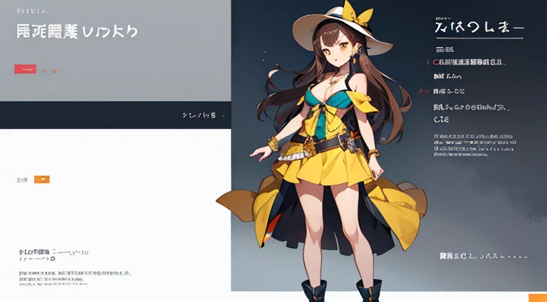 1 girl,anime, highest quality, brown hair , beautifull face, yellow eyes, lady's outfit, 17 years old, boobs, lady's hat, necklace ,bracelet, earrings, 1.65 meters, 
cute, standing, full body