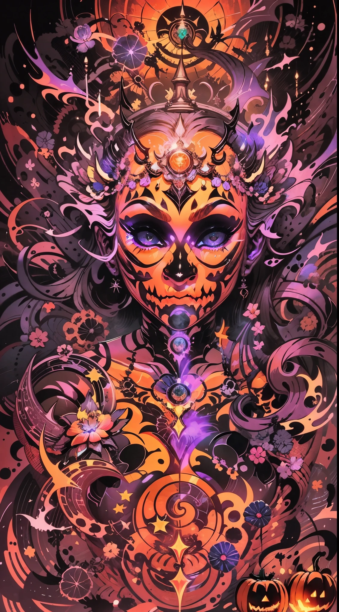 Explosive, otherworldly painting of a shape-shifting deity adorned with chaotic Halloween motifs and omnipresent, piercing eyes, a breathtaking amalgamation of fine art and captivating photo collage, mesmerizing poster design:: their appearance exuded the enigmatic allure of Jack-o'-lantern minimalism fused with cosmic chaos:: --ar 9:16 --s 963 --c 9  --q 2  --v 5