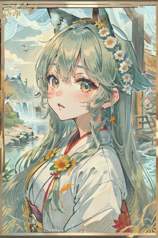 1 girl，（fox ear：1.1），Shirakami Fubuki，looking at viewert，jewely，ribbons，ribbons袖，Long gray hair，white colors，Eau绿色的眼睛，Eau彩画（curled），colorized pencil（curled），green bow，（blue rose:1.1), ear nipple ring, Monte, eventide, autumnal的树叶, ((autumnal)), Hanfu, cloud, east asian architecture, That bird, face expressionless, buildings, red rose, rosette, Yuki, snowflower, Fiery, (Eau户渚:1.2 ), sky sky, blue-sky, Red Moon, fox tails, Fox mask, Red dress, moisture, Sateen, Eau, branch flowers, blueflower, yellowflower, meteors, starrysky, that tree, Green background, rainbowing, bloods, Duan，the street，（Rios：0.8），（the ocean：0.8），（waterfall man：0.8），Hands do not show，The ears are not exposed，lamp post，Lamp light，（natta：1.255），Human jade