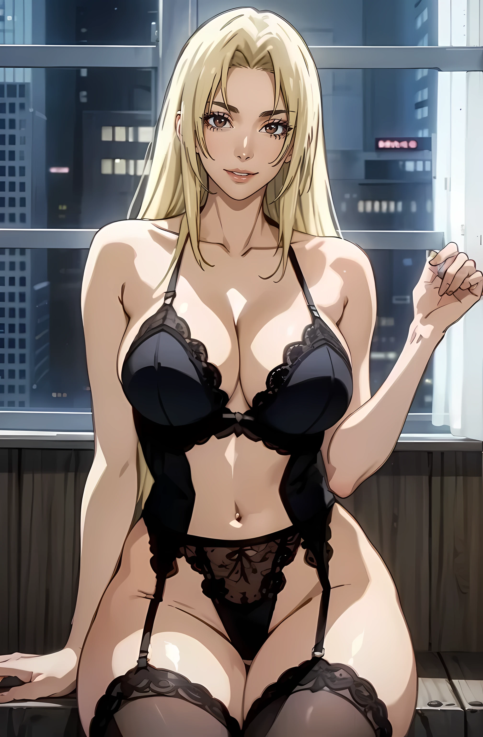 cowboy shot, masterpiece, super detail, highres, (mature_woman), (30_year_old_woman), YukiTsukumo, blonde hair, long hair, BREAK, brown eyes, smile, parted lips, thin lips, looking at viewer, BREAK, (wearing lingerie | black lingerie | garter belt | thighhighs | high heels ), sitting, leg up, at night, night time,