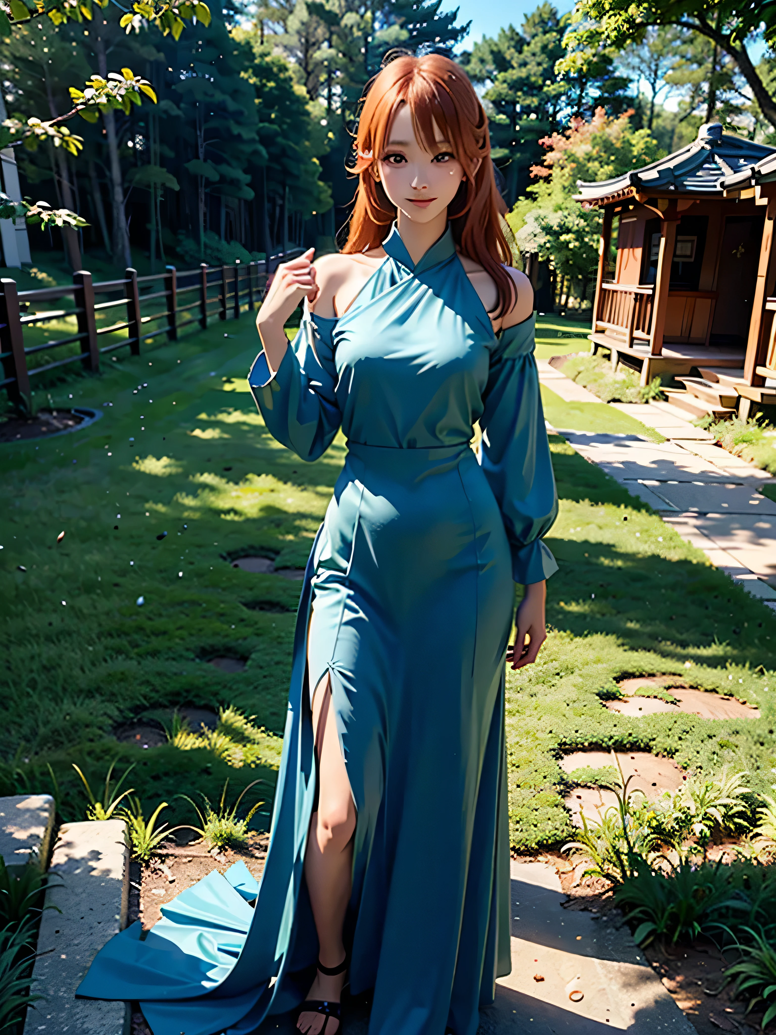 1 girl, Japan female, 18 years old、slenderbody、Solo, long orange hair, Running, (Takamu Field), Turning around, emerald eyes, transparent blue long dress, medieval times, medieval timesの衣装, Long sleeve sunset, Light from behind, Shadows in photos, Smile, laught, (Blue sky), Against the background of wheat, Standing in the Distance, Looking at the viewer, full-length
