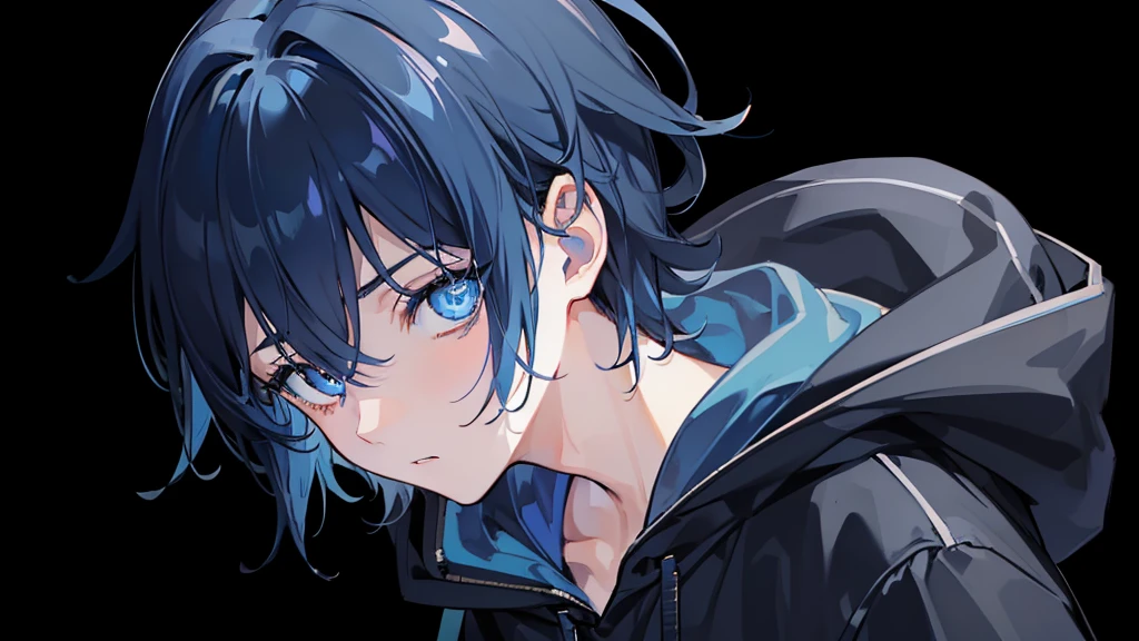 (masterpiece:1.2)、(top-quality)、(One Boy:1.3)、A dark-haired、(Blue Jacket Hood)、(blue eyess:1.6)、Works with a vivid texture、(hair messy:1.2)、short-hair、anime scener、(Remove the hood:1.3)、(black backgrounds:1.3)、Facing to the side