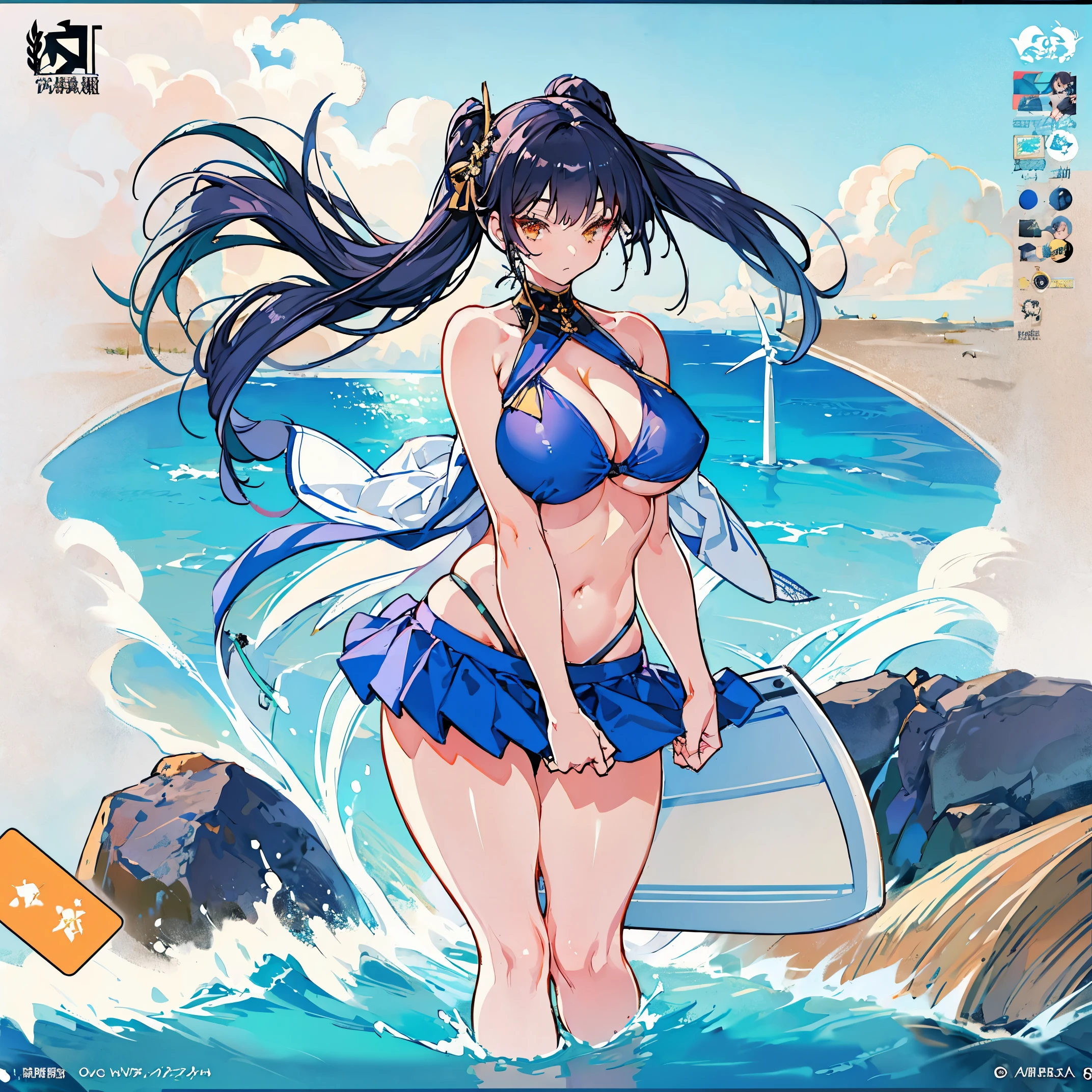 anime girl in bikini of standing on a beach with a surfboard, (((Wind power generation)))、(huge tit)、curvy、bikini of + tattered military gear, Kantai Collection Style, from girls' frontline, Fine details. girls' frontline, official artwork, cushart krenz key art feminine, high detailed official artwork, best anime 4k konachan wallpaper, girls' frontline style, azur lane style, badass anime 8 K