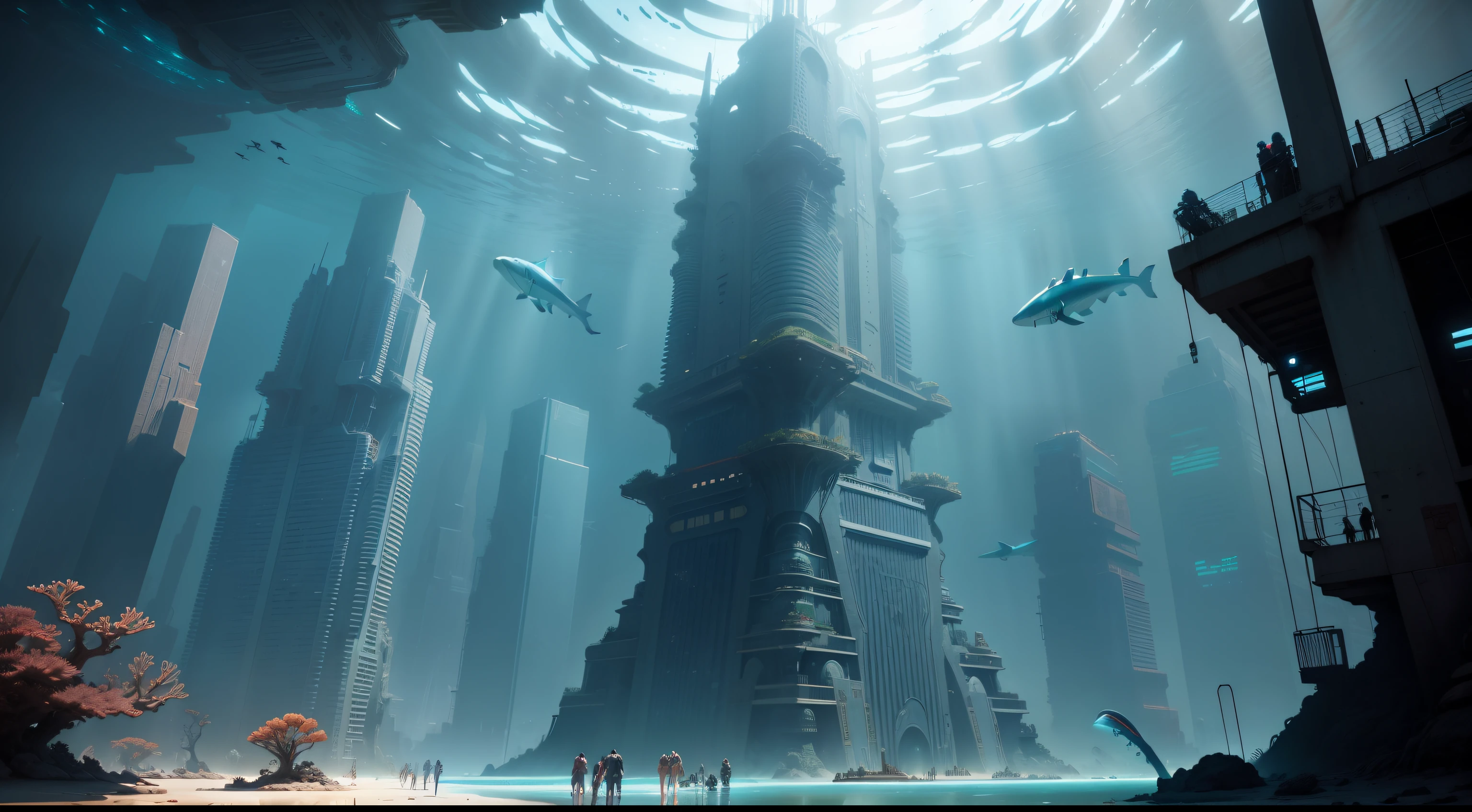 Underwater cyberpunk big city, a coral reef, the shark, Nearby ancient buildings and boulders of Atlantis