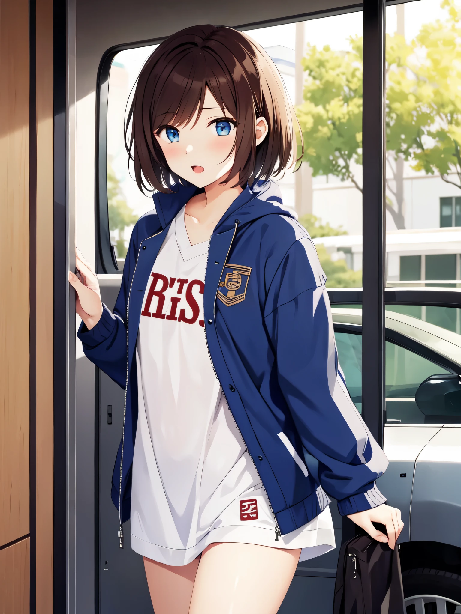 (((tmasterpiece))), Shizuka Mikazuki, 1 girl, Alone, looking at viewert, Short hair details, Brown hair, longer sleeves, LOP, middling, shut up, 鎖骨, jaket, Open your clothes, open jaket, blue jaket, groundvehicle, exercise well, bikes,