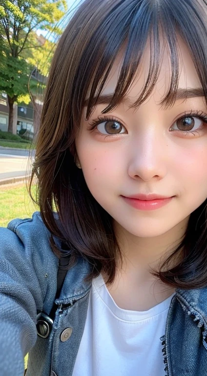 ((Best Quality, 8K, masutepiece)), ultra-detailliert, foco nítido, (1 cute girl), 18year old, Highly detailed facial and skin texture, (Beautiful and detailed eyes、Looks beautiful), (ssmile), (Closed mouth), (Round face), wear a gray jacket、 (front-facing view:1.5)、(length hair)、(warm sunlight)、