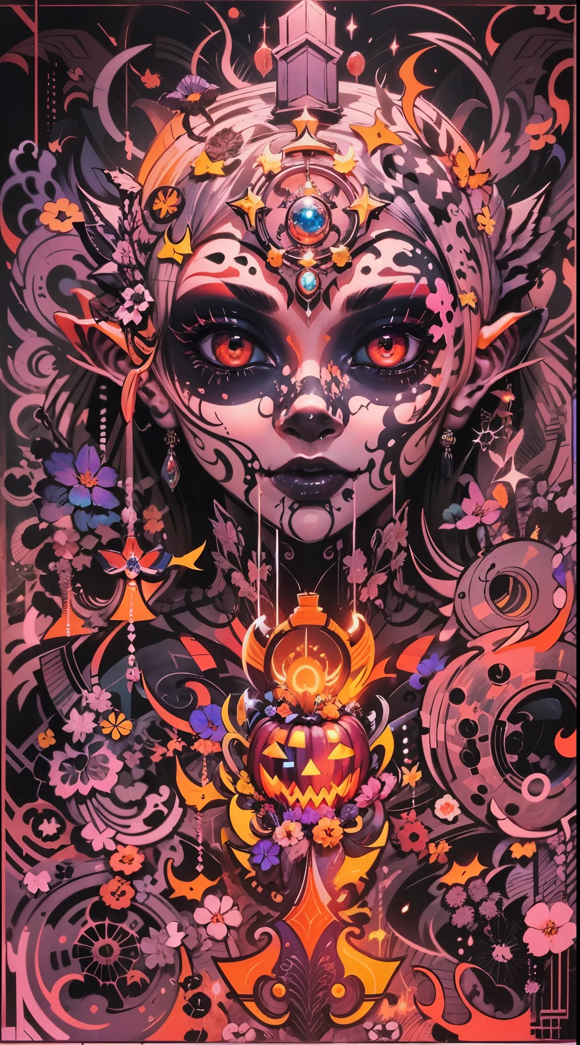 Explosive, otherworldly painting of a shape-shifting deity adorned with chaotic Halloween motifs and omnipresent, piercing eyes, a breathtaking amalgamation of fine art and captivating photo collage, mesmerizing poster design:: their appearance exuded the enigmatic allure of Jack-o'-lantern minimalism fused with cosmic chaos:: --ar 9:16 --s 963 --c 9  --q 2  --v 5
