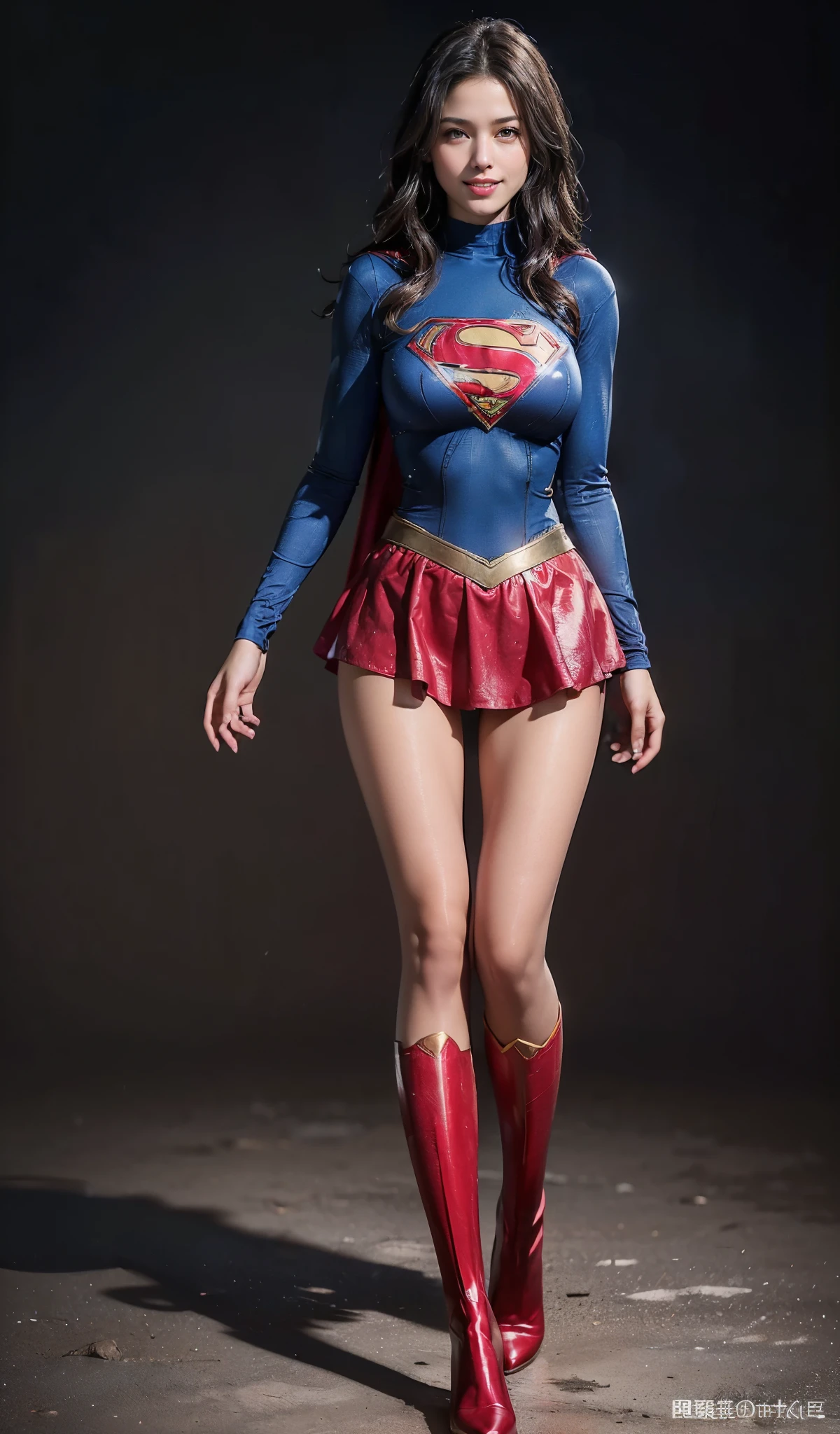No background、Fitted Supergirl costume、Body Fit Costumes、and draw the full body、(((Wear black tights on your beautiful legs.)))、(((Grow legs、tall、Legally express the beauty of your smile)))、((((Make the most of the original image)))、(((Supergirl Costume)))、(((beautiful hairl)))、(((Suffering)))、(((Feet must necessarily be worn with black tights)))、(((You need to wear red boots)))、((Top image quality、8K))、((top-quality、8K、​masterpiece:1.3))、(((Keep Background )))、Crisp focus:1.2、Beautiful woman with perfect body shape:1.4、Slender Abs:1.2、a wet body:1.5、Highly detailed facial and skin texture、8K