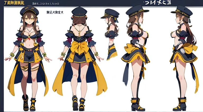 1 girl,anime, highest quality, brown hair , beautifull face, yellow eyes, lady's outfit, , boobs, lady's hat, necklace ,bracelet, earrings, 1.65 meters,
cute, standing, full body, front and rear visibility