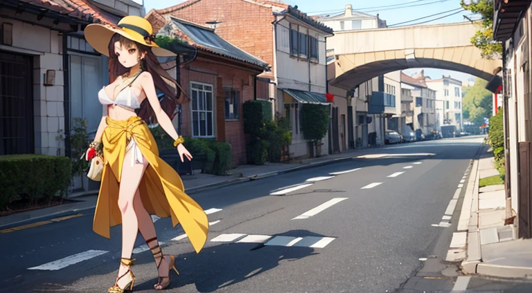 1 girl,anime, highest quality, brown hair , beautifull face, yellow eyes, lady's outfit, , boobs, lady's hat, necklace ,bracelet, earrings, 1.65 meters, 
cute, standing, full body, front and rear visibility