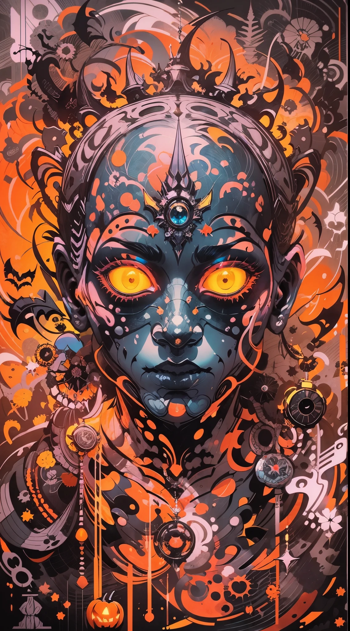 Explosive, otherworldly painting of a shape-shifting deity adorned with chaotic Halloween motifs and omnipresent, piercing eyes, a breathtaking amalgamation of fine art and captivating photo collage, mesmerizing poster design:: their appearance exuded the enigmatic allure of Jack-o'-lantern minimalism fused with cosmic chaos:: --ar 9:16 --s 963 --c 9  --q 2  --v 5