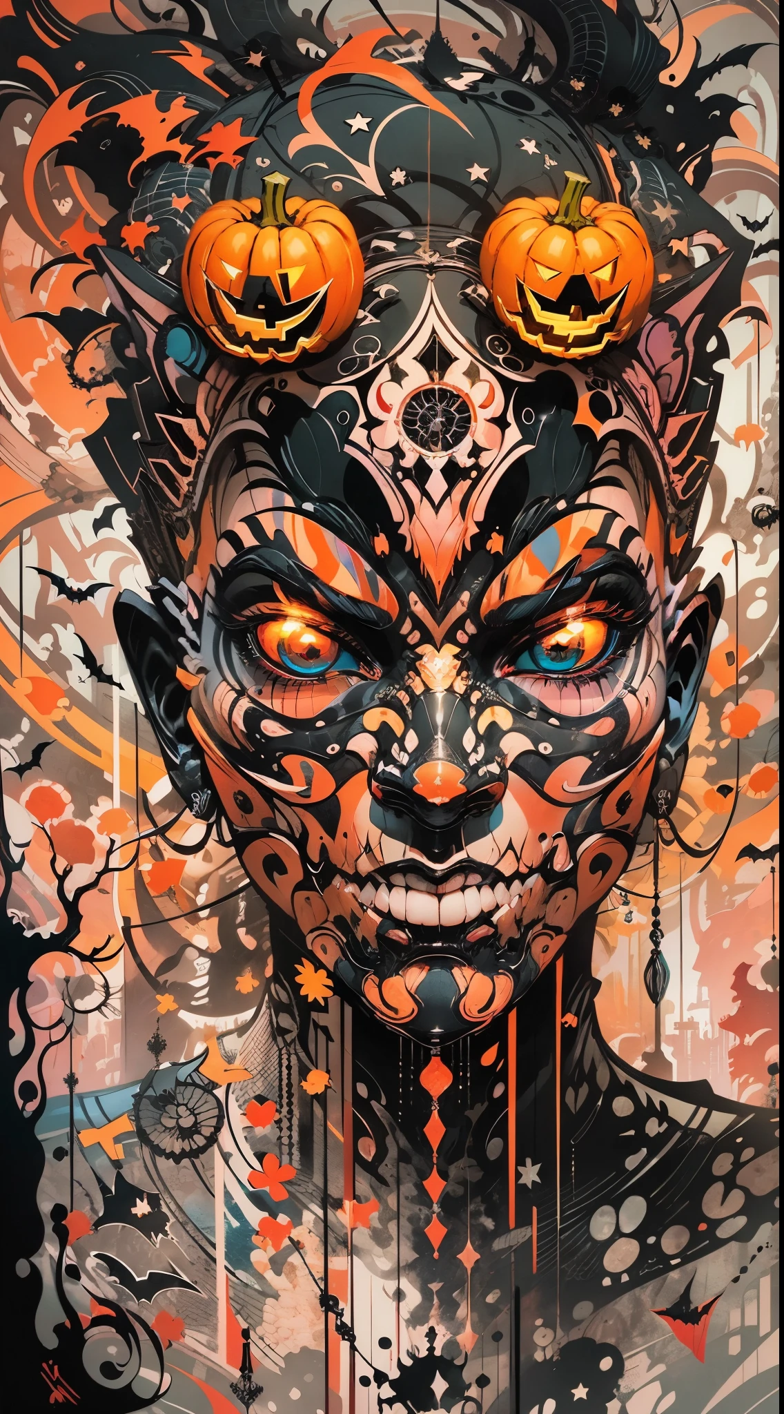Explosive, otherworldly painting of a shape-shifting deity adorned with chaotic Halloween motifs and omnipresent, piercing eyes, a breathtaking amalgamation of fine art and captivating photo collage, mesmerizing poster design:: their appearance exuded the enigmatic allure of Jack-o'-lantern minimalism fused with cosmic chaos:: --ar 9:16 --s 963 --c 9 --q 2 --v 5