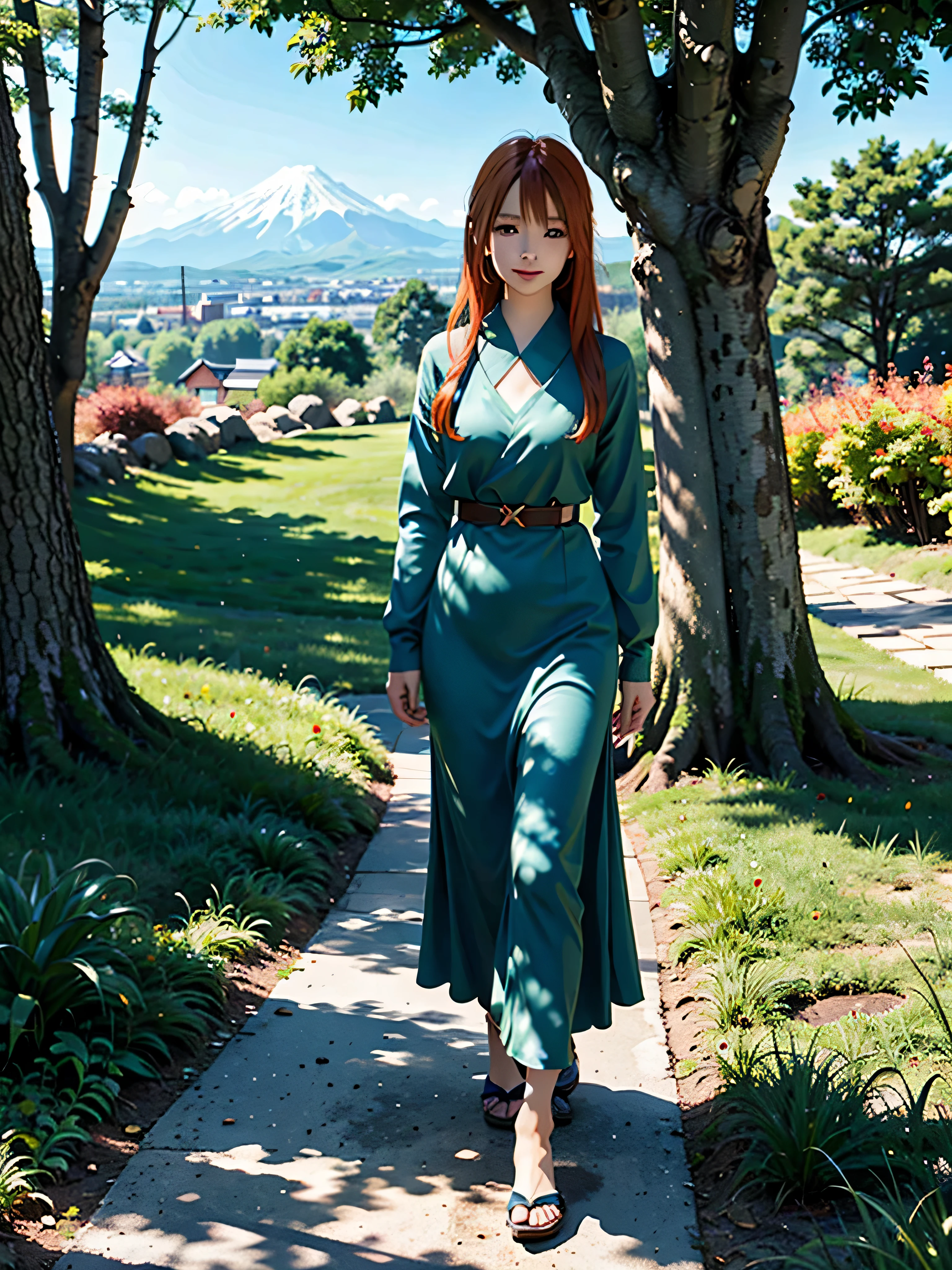 1 girl, Japan female, 18 years old、slenderbody、Solo, long orange hair, Running, (Takamu Field), Turning around, emerald eyes, transparent blue long dress, medieval times, medieval timesの衣装, Long sleeve sunset, Light from behind, Shadows in photos, Smile, laught, (Blue sky), Against the background of wheat, Standing in the Distance, Looking at the viewer, full-length