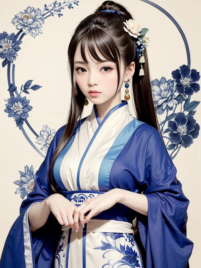 (​masterpiece、top-quality、Good anatomy、Beautifully Aesthetic:1.2)、Painterly, Woman in a blue and white dress with flowers in her hair, Blue and white porcelain style, Hanfu girl, japanese art style, Ancient Chinese Art Style, beautiful figure painting, 中国Painterlyのスタイル, In the aesthetics of ancient China, Chinese style, beautiful artwork illustrations, traditional chinese art, Oriental Art Style, Blue and White Porcelain Exhibition, Beautiful anime portrait character composition in the lower left corner, Blue and white porcelain background decoration in the upper right corner.