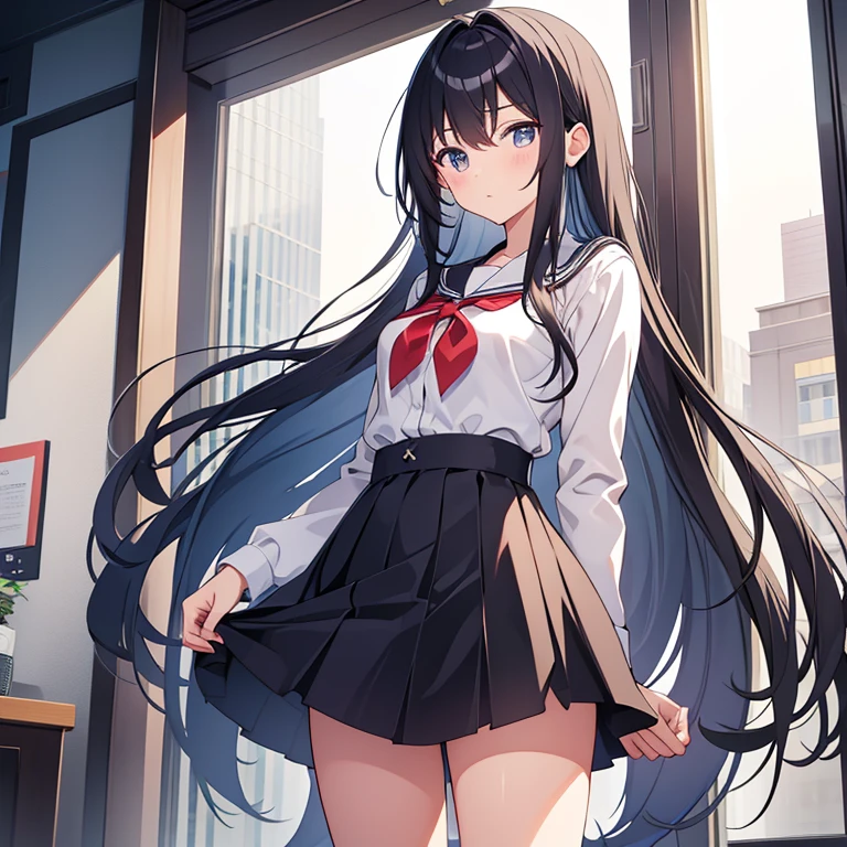 Long black hair that reaches the waist，Lilac eyes，Thin hair curtain，Two hair curtains on both sides，dishiveredhair，chiquita，Black sailor uniform school uniform，D-cups，White skin of the，with hands behind her back，light  smile，Long legs，White thighs，Whole body diagram，Eye highlights，Behind him is the school