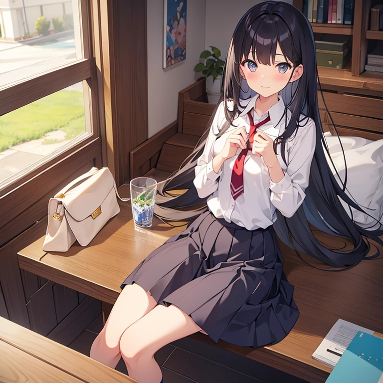 beautiful and innocent anime high school girl with long black hairs and short height with beautiful gray eyes