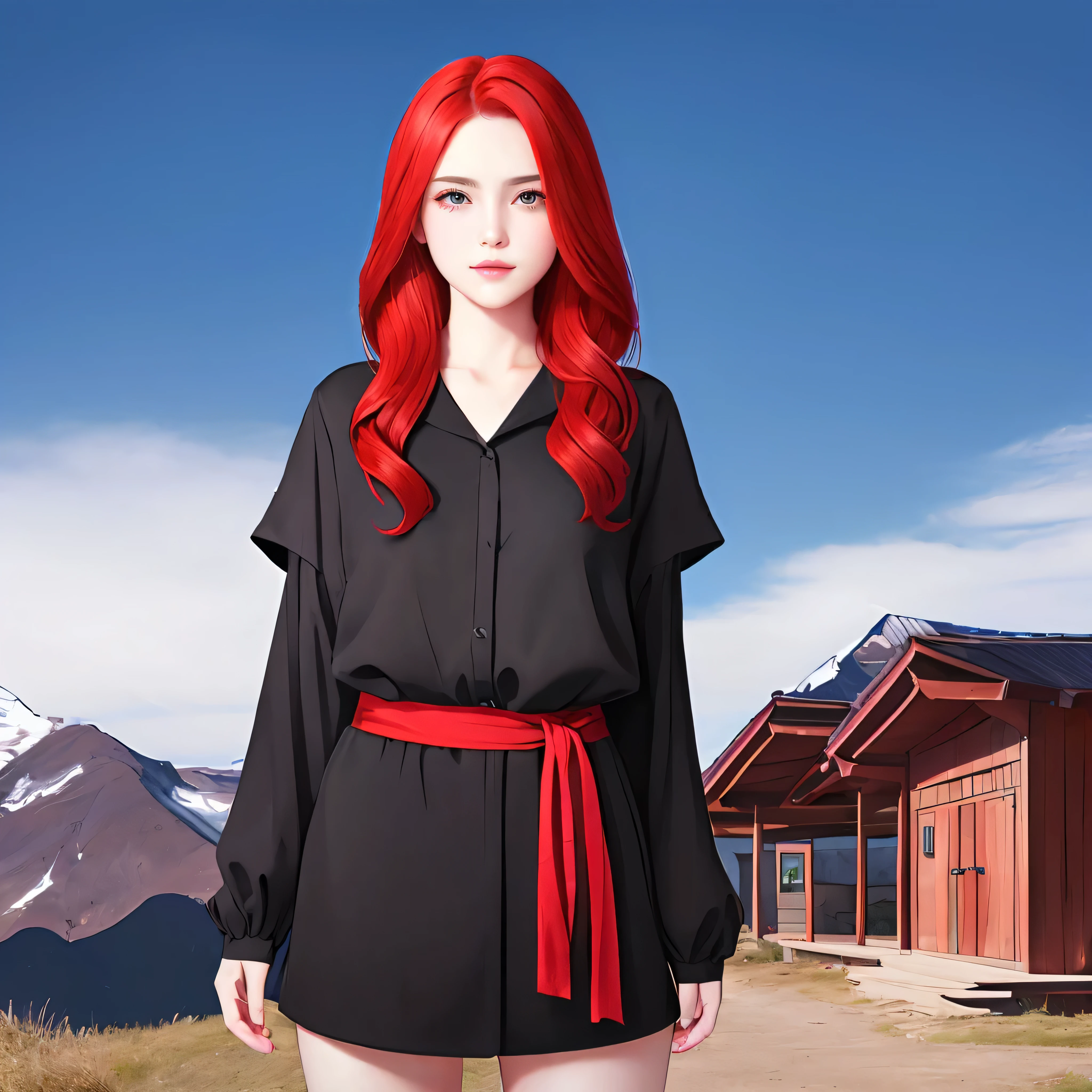young Female with red hair, red eyes , wearing black cloths, full body shot, behind house, sky, mountain, clouds, 16k