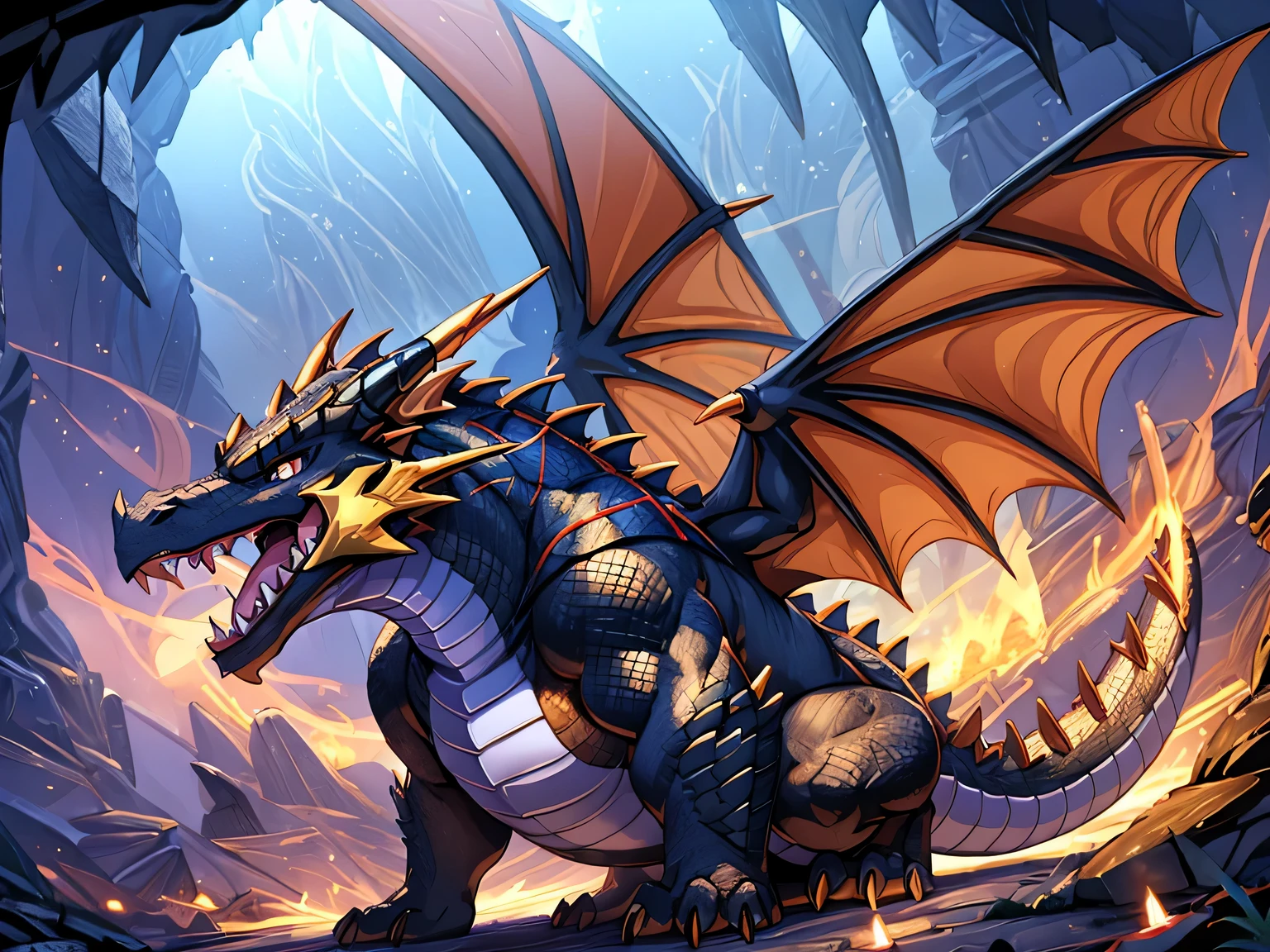 western black dragon、Legendary Dragon、Dragon's whole body、black scales all over the body、Legendary creatures、anime style detailed eyes,Very big eyes、animal-like feet、animal-like hind legs、large wings、sharp claws、crocodile-like scales、Shiny scales、Chunky tongue、I have my mouth wide open、Heavy drool、thick tail、In a dark cave、Hyper-obese body、huge swollen belly、Ball-like belly