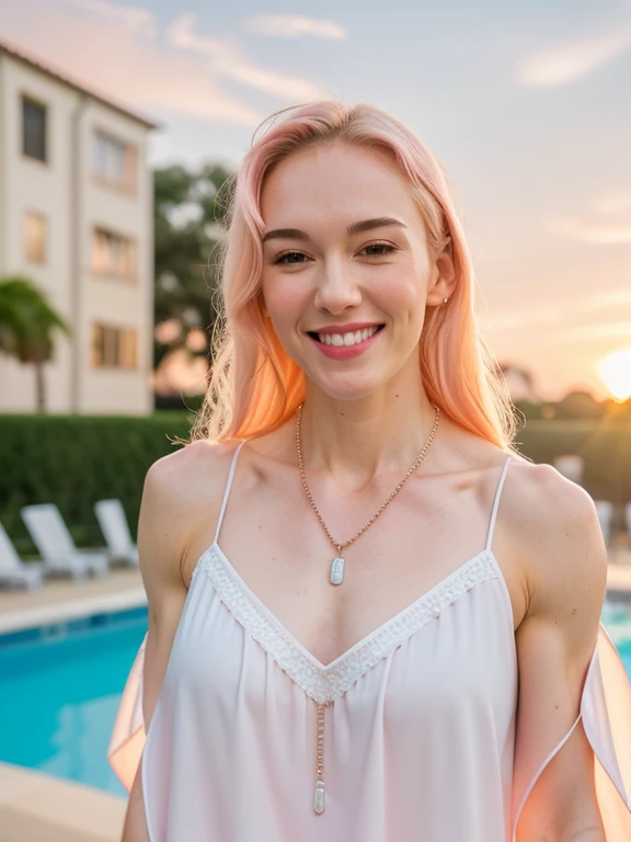 Gwen, ripped muscle, muscular body, pale skin, smile(blush), nightgown, thin necklace, [ultra detailed skin:1.2], 8k uhd, full body, stand, sweat, cum on face, crowd, public, sunset, poolside,