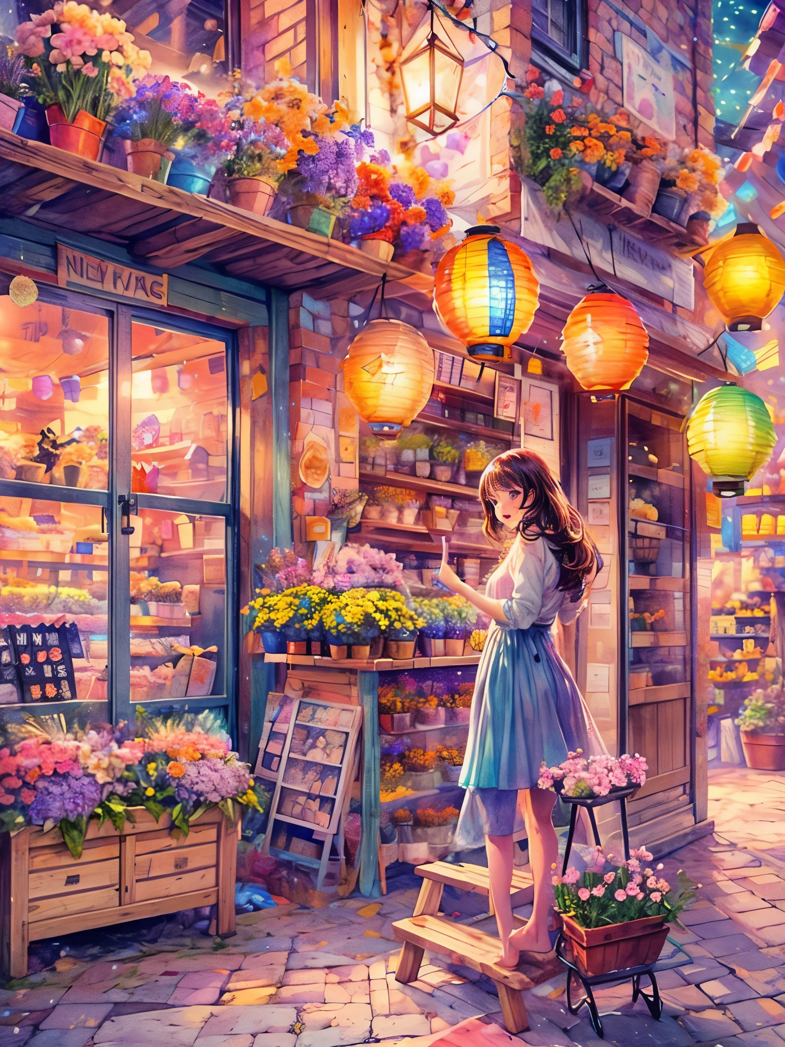 (Faraway view:1.8), ((at winter season))，(New Year&#39;s Day)，((fireworks in the night sky:1.7))，((Fireworks bloom，lots of fireworks))，Quaint European village，(corner flower shop:1.5)，beautiful  flowers，warmly lit，(Filled with many colorful lanterns and New Year decorations:1.8)，(Girl in down jacket standing on charming cobblestone street:1.2), Bathed in the warm glow of street lights，(Vines decorated with bright flowers climb up rustic buildings), Create scenes with natural beauty，The air is filled with the scent of fresh flowers from a nearby flower shop，(Depicted in delicate vector illustration style and flat style)，HighestQuali，8k，A high resolution，tmasterpiece：1.2，ultra - detailed，high dynamic range imaging，hyper HD，Studio lighting，hyperdetailed painting，Sharp focus，physically-based renderingt，Extremely detailed description，professinal，vivd colour，styled：Vector illustration