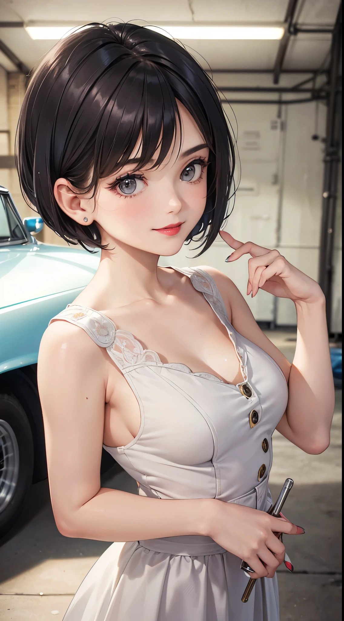 127
(a 20 yo woman, Permanent), (Surreal), (High level of image quality), ((beautiful hairstyle 46)), ((short detailed hair:1.46)), (gently smiling), (Breasted:1.1), (lipsticks), (large garage), (The depth of field is deep), (vintage car)