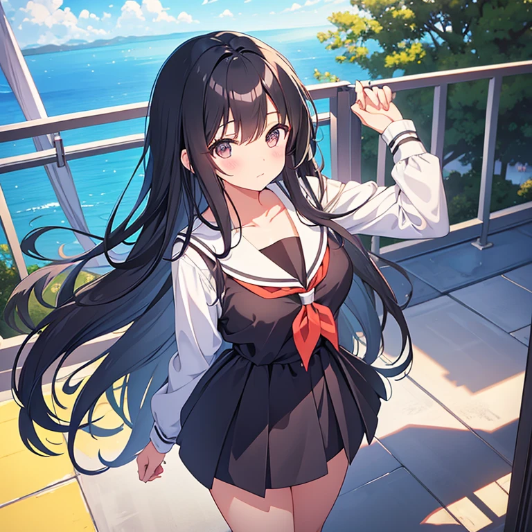 beautiful and innocent anime high school girl with long black hairs and short height with beautiful gray eyes