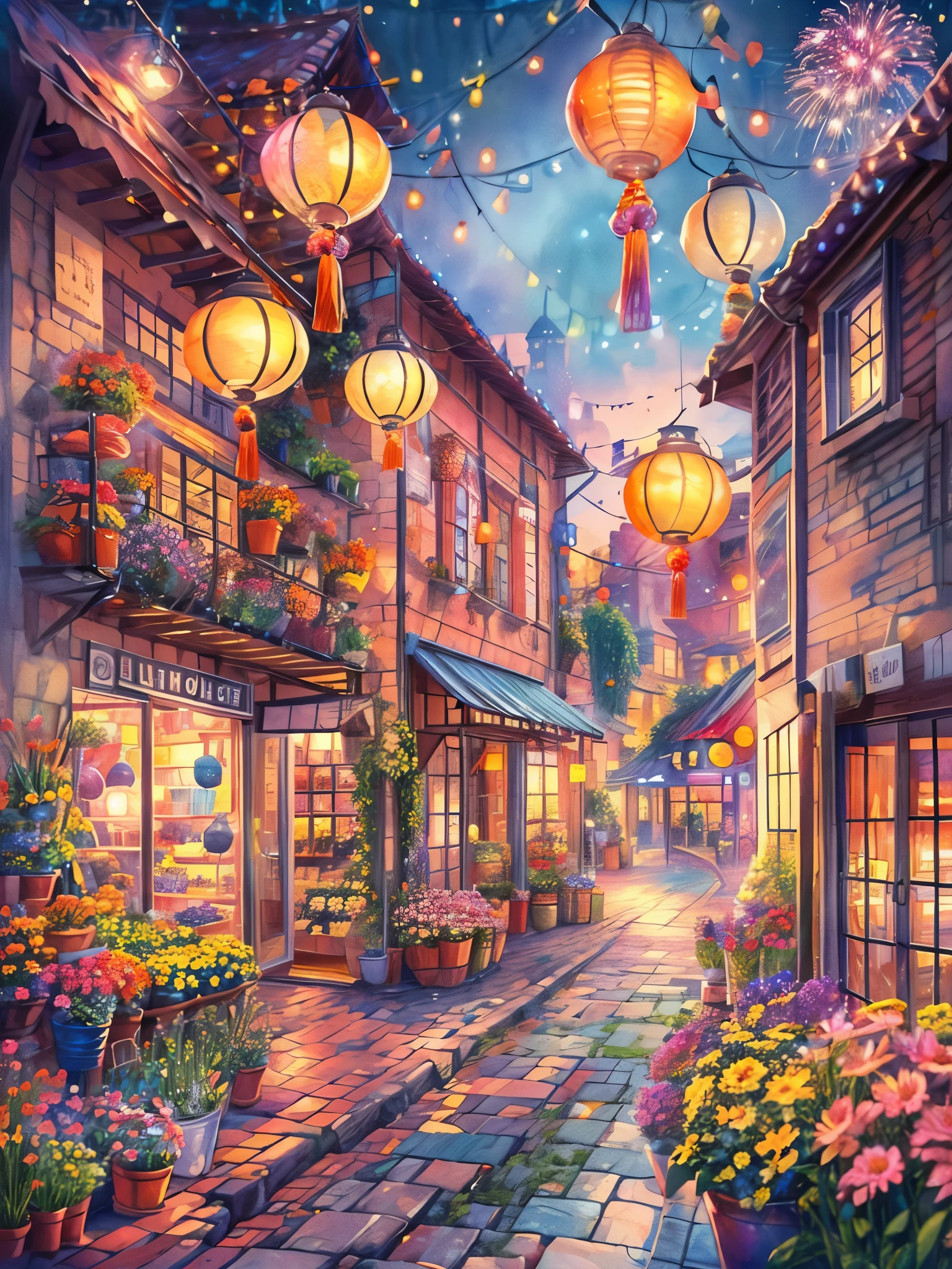 (Faraway view:1.8), ((at winter season))，(New Year&#39;s Day)，((fireworks in the night sky:1.7))，((Fireworks bloom，lots of fireworks))，Quaint European village，(corner flower shop:1.5)，beautiful  flowers，warmly lit，(Filled with many colorful lanterns and New Year decorations:1.8)，(Girl in down jacket standing on charming cobblestone street:1.2), Bathed in the warm glow of street lights，(Vines decorated with bright flowers climb up rustic buildings), Create scenes with natural beauty，The air is filled with the scent of fresh flowers from a nearby flower shop，(Depicted in delicate vector illustration style and flat style)，HighestQuali，8k，A high resolution，tmasterpiece：1.2，ultra - detailed，high dynamic range imaging，hyper HD，Studio lighting，hyperdetailed painting，Sharp focus，physically-based renderingt，Extremely detailed description，professinal，vivd colour，styled：Vector illustration