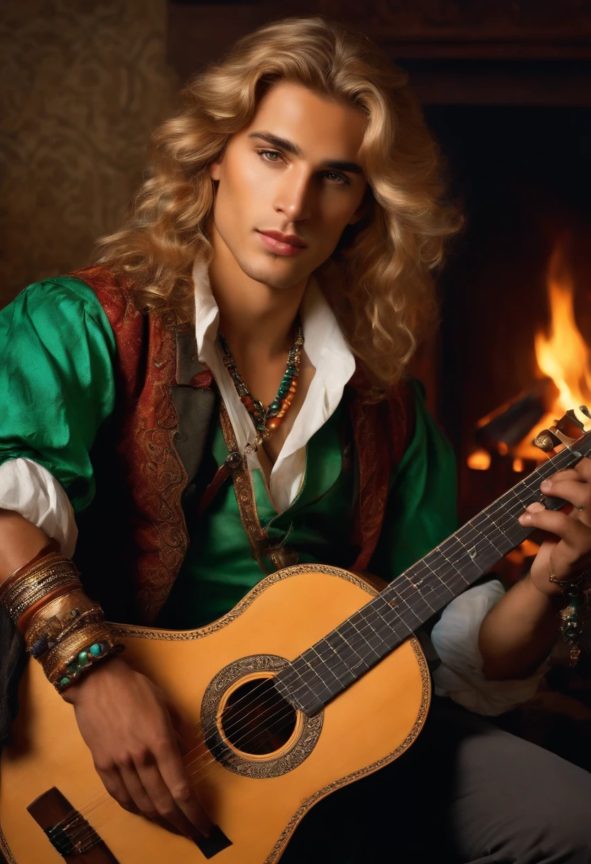 18 year old white male sitting on deck of pirate ship playing mandolin, dressed in loin cloth, detailed face, detailed hands, detailed instruments, highly detailed, photorealistic, evening, fire lighting, vibrant colors, cinematic, epic atmosphere, fantasy, adventure