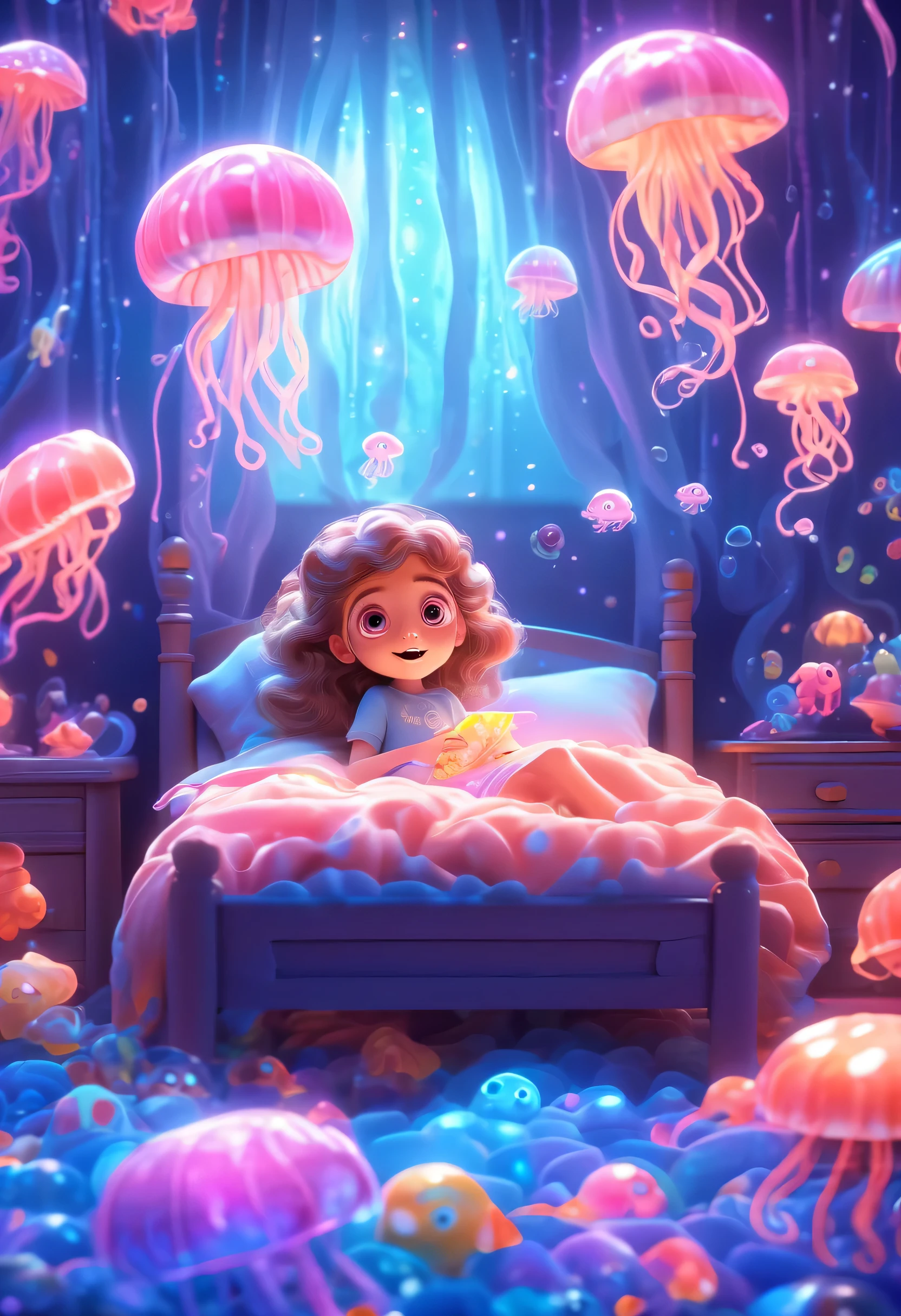 A cute little girl lying on the bed and dreaming, big beatiful eyes, Fantasy creatures, Jellyfish float, dream bedroom, Soft bed, vivd colour, Happy, laughingly, disney pixar 3d style, detailed descriptions, k hd, number art, complementary colours, Hot topics on artstation, 电影灯光