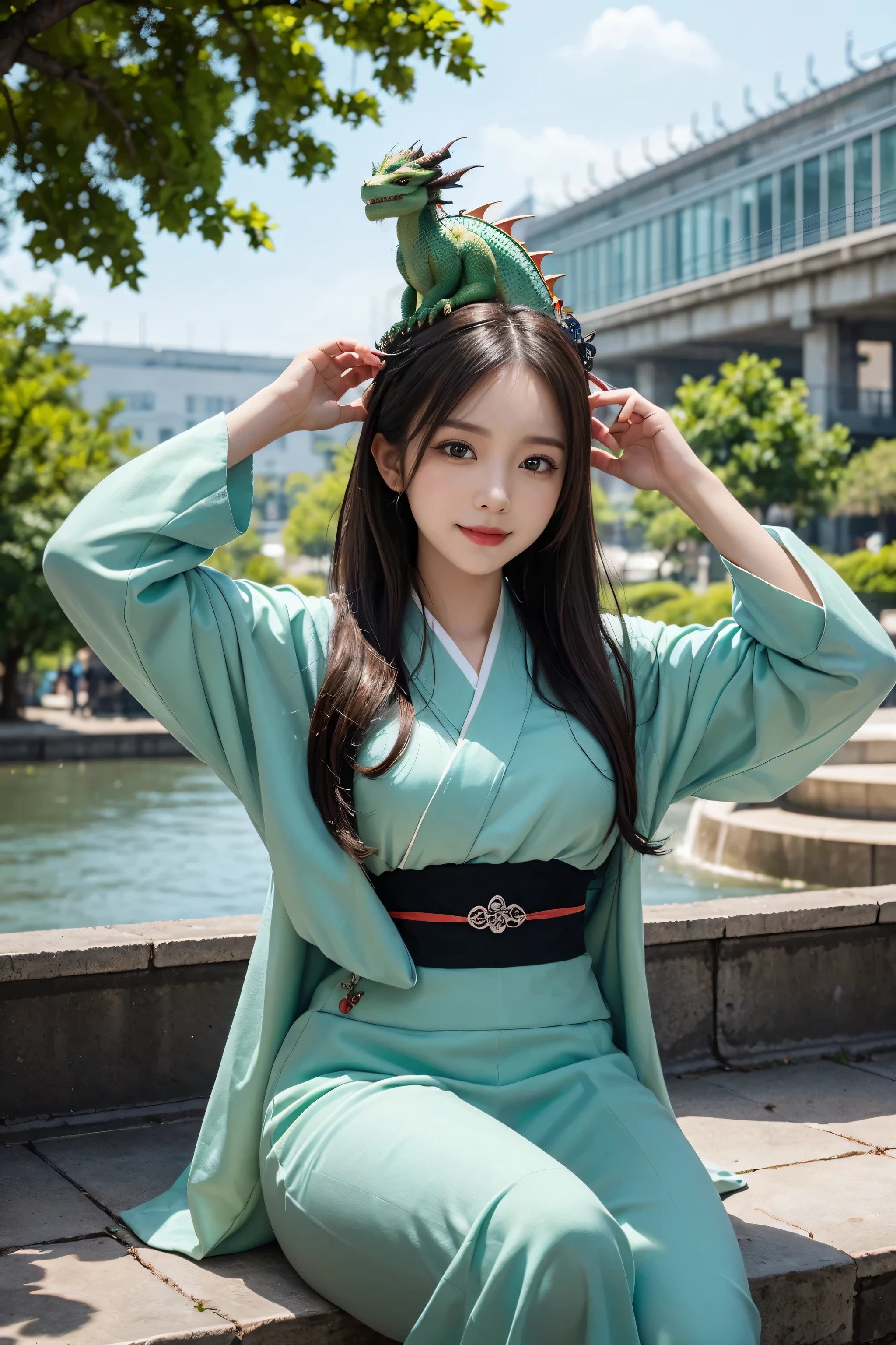 1 girl, (playful expression:1.3), (Long hair:1.2), (Adorable cute dragon is perched on its head:1.4), (Kimono with dragon motif:1.2), (Bright sunny day:1.3) BREAK (green park background:1.3), (Bright colors and playful atmosphere:1.2), Create an artwork featuring a woman with a playful expression, Long hair, And there's an adorable dragon perched on its head., Wear casual, comfortable clothing, set against a background of a lush green park on a Bright sunny day, infusing the scene with a playful and vibrant atmosphere BREAK Soft and natural lighting accentuating the playful interaction between the woman and the dragon, Convey the joy and carefree spirit of the moment BREAK Whimsical and lively artistic style, Expressive details of the woman's playful expression and the adorable dragon, (Capturing the bond between a woman and a dragon:1.3), (Creating a lively and carefree atmosphere:1.2) BREAK Absurdres, (Best Quality:1.2), Precision in all aspects, Expresses the charm of a woman playing with an adorable dragon perched on her head.。, (Enhance quirky and lively elements:1.1)