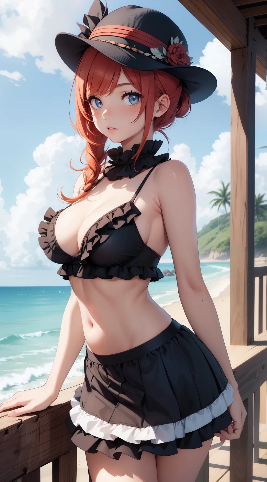 1 girl, natural  lightting, tmasterpiece, The is very detailed, illustratio, GameCG, absurd res, high qulity, redheadwear, freckle, glossy lips, pony tails, medium, looking at viewert, frilled bikini, decor, bikini skirt, sea beach, sitted,