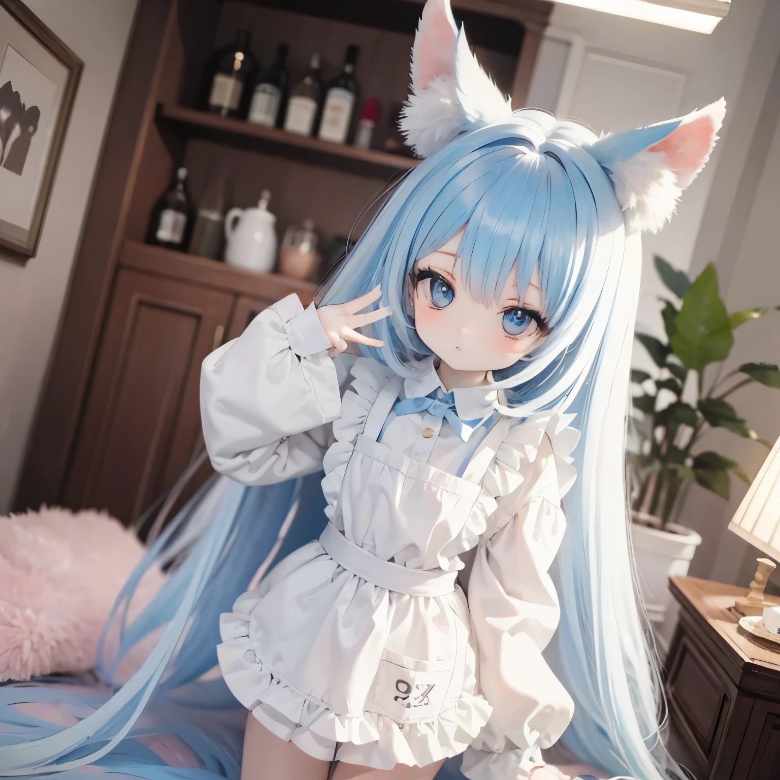 white background, no background, dollfiedream, very long hair, long straight hair, (full body: 1), 1girl, bunny girl, (li: 1.0), (liirl: 1.0), light blue hair, light blue eyes, embarrassed face, nude, naked, NSFW, no clothes, nipples, beautiful hair, bunny ears,