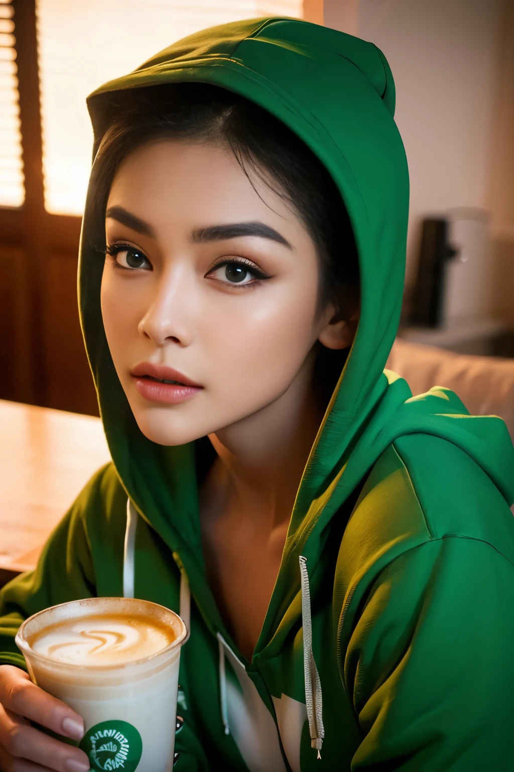 RAW photo, a super beautiful woman wearing green hoodie, holding a glass of coffee while staring at the sunrise, raw photo, raw, cinematic lighting, photorealistic, soft lighting, glossy, glossy skin, clear eyes, sharp eyes, radiant skin, realistic skin, hyper realistic, hyper realistic skin, realistic eyes, realistic eyebrows, hyper detailed eyebrows, detailed lips, realistic lips, glossy lips, hyper realistic eyes