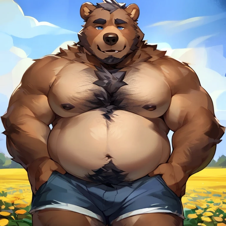 Solo, male, brown bear, chubby, musclegut, muscular, mature male, old, serious, blue eyes, grey hair, body hair, blue jean shorts, open flower field, blue sky, by mystikfox61, by darkgem, by glitter trap boy, by bebebebebe, grizzly bear, bear ears, hairy belly, dilf, bear tail, small bear tail, plump body, detailed eyes, 4k, high res, 5 fingers, hands in pockets, full body view, hairy chest, grey chest hair, lots of chest hair