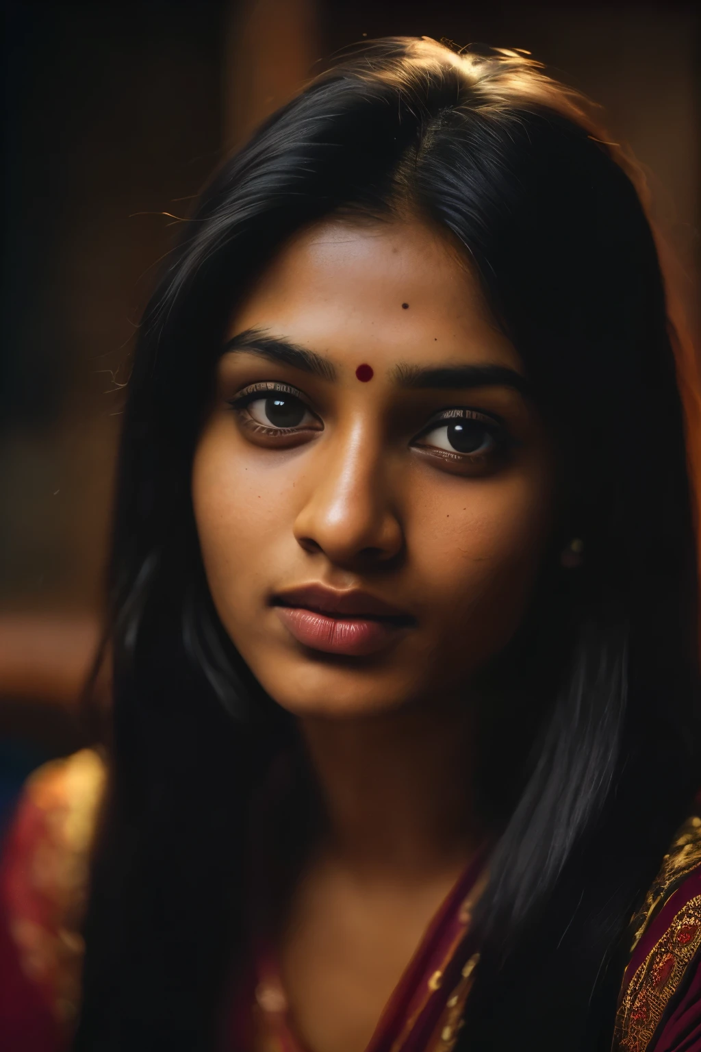 (close-up, editorial photograph of a 21 year old Indian woman), (highly detailed face:1.4) (smile:0.7) (background inside dark, moody, private study:1.OV, by lee jeffries, nikon d850, film stock photograph ,4 kodak portra 400 ,camera f1.6 lens ,rich colors ,hyper realistic ,lifelike texture, dramatic lighting , cinestill 800,