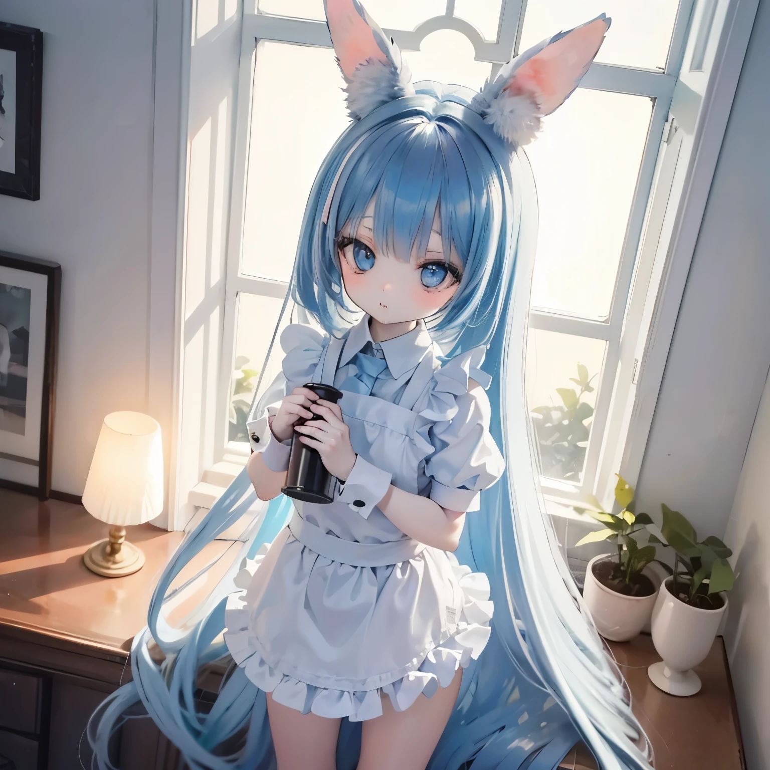 white room, cute female child, ****, cowboy shot, pantyshot, nude, naked, no clothes, naughty maid apron, rabbit ears, bunny ears, Fluffy rabbit ears, petite, very long light blue hair, wavy long hair, stuffed toy, Bright lights, Light blue eyes