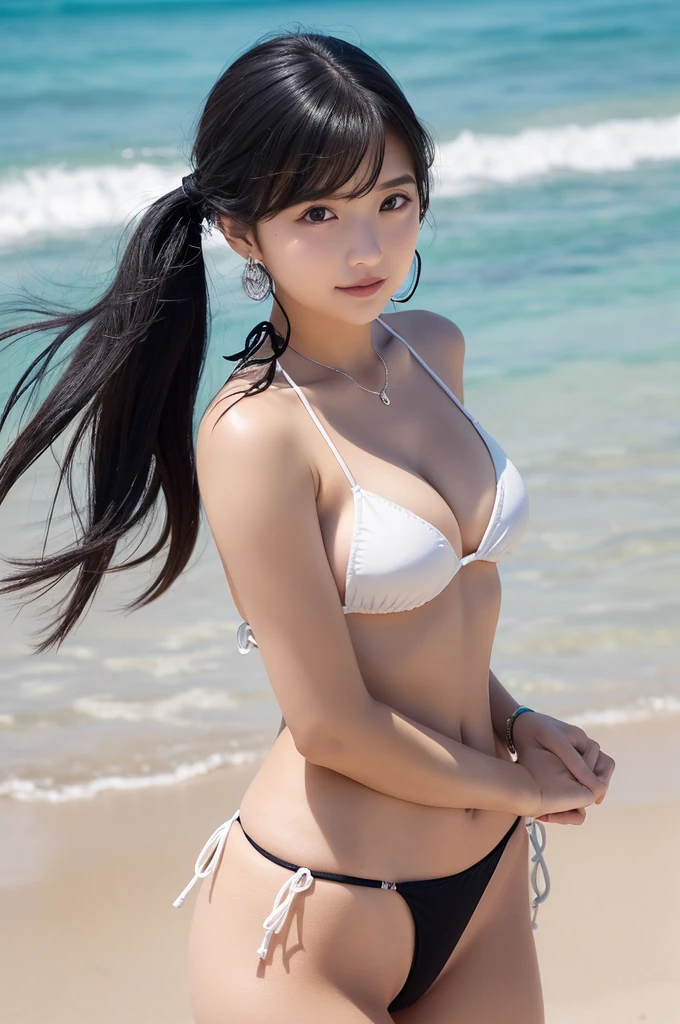 Black hair twintails、a white bikini、a baby face、a beauty girl、hight resolution、Summer beaches