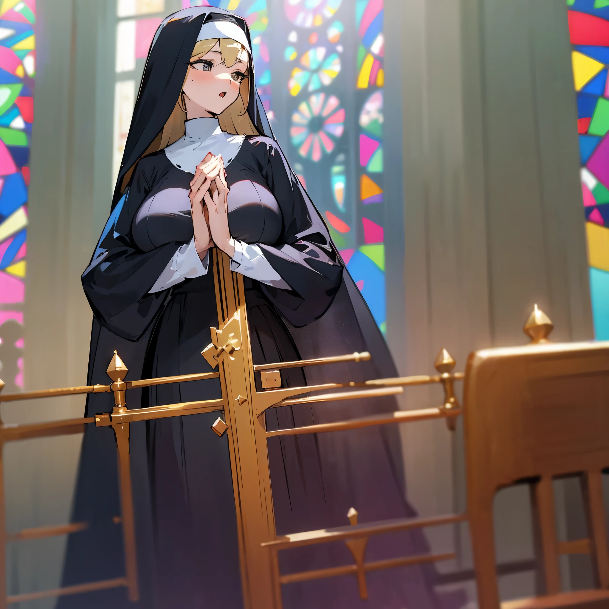 (solo 1 praying nun:1.3) standing in church, praying with holding hands together over chest, very thin, (black sheer long dress:1.5), (gigantic breasts:1.3), (bursting breasts:1.2), (black sheer long skirt:1.4), inconceivably thin waist, closing eyes, nose blush, open mouth, (heavy breathing:1.2), stained glass, full body, 8k, ultra-detailed, masterpiece, see-through