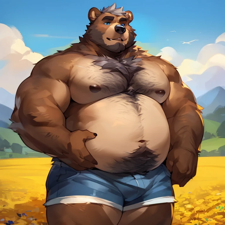 Solo, male, brown bear, chubby, musclegut, muscular, mature male, old, serious, blue eyes, grey hair, body hair, blue jean shorts, open flower field, blue sky, by mystikfox61, by darkgem, by glitter trap boy, by bebebebebe, grizzly bear, bear ears, hairy belly, dilf, bear tail, small bear tail, plump body, detailed eyes, 4k, high res, 5 fingers, hands in pockets, full body view, hairy chest, grey chest hair, lots of chest hair