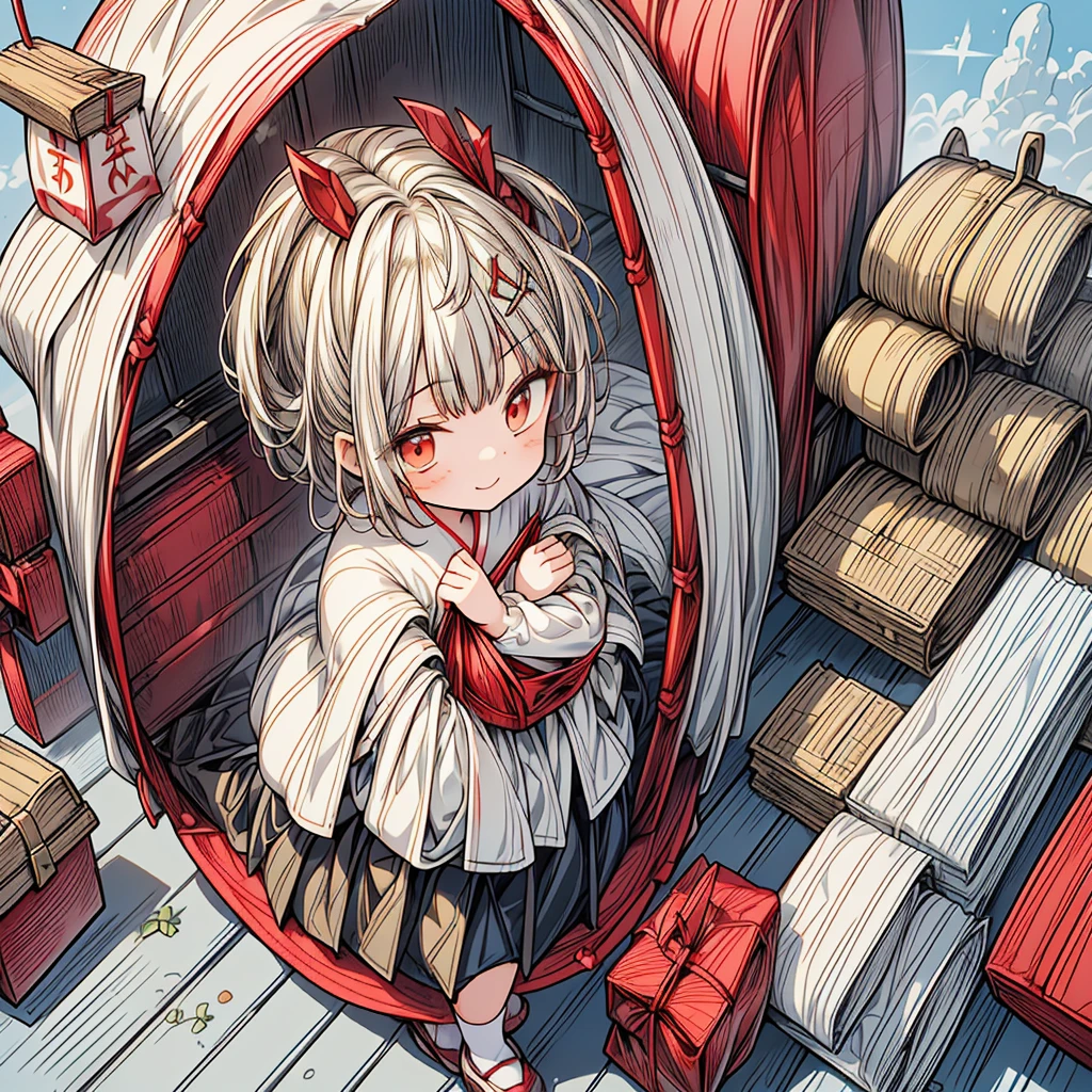 masutepiece, hightquality, hight resolution, realistic anime sketch, ((Cute little girl peeking out from inside a red and white paper bag:1.6), That paper bag is filled with good luck., huge smile., Set in a bright scene with a top-down perspective, The main character is a shrine maiden in a paper bag.., Symbolizes the beginning of an auspicious year, Traditional costumes, (The background is rich and delicate),