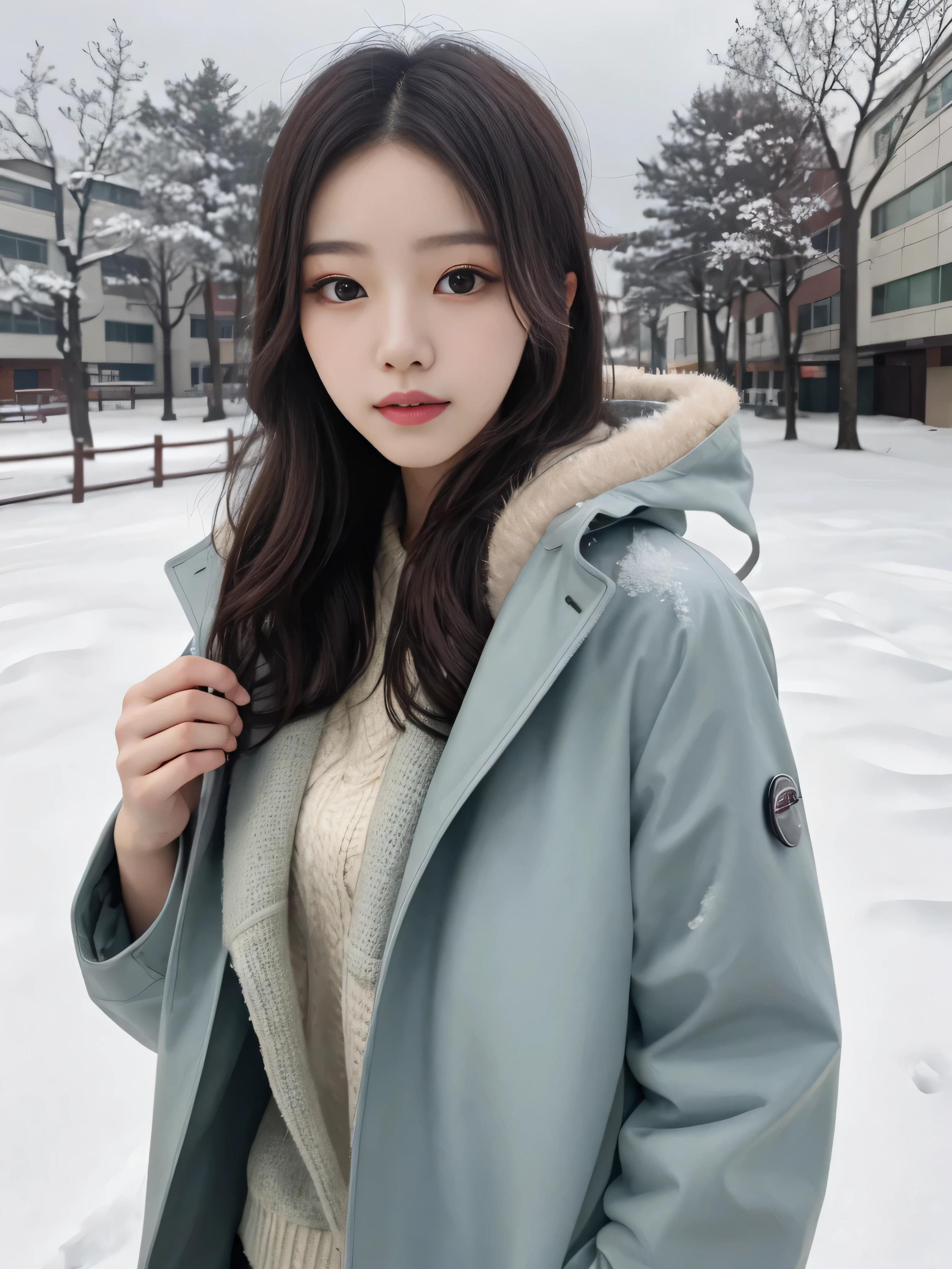 realistic photos oF (1 cute Korean star) shoulder-length hair, Thin makeup, medium breasts size, Wearing a coat, In the snow, clear Facial Features, 8K High Resolution, sharp and realistic details.from outside the breasts, Eye-Level Shot, F/4.0, 135 mm, FujiFilm, jpeg artiFacts, dithering, nffsw, masutepiece