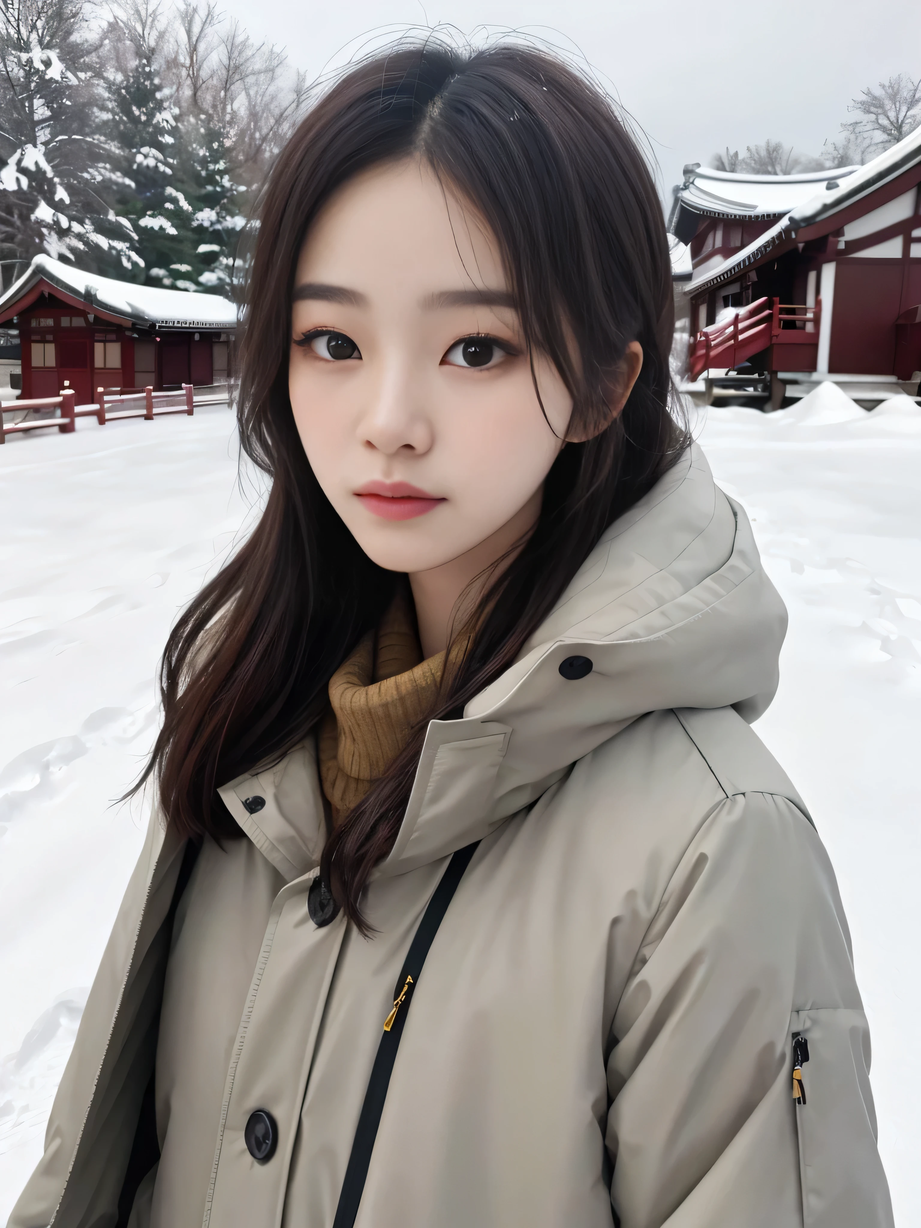 realistic photos oF (1 cute Korean star) shoulder-length hair, Thin makeup, medium breasts size, Wearing a coat, In the snow, clear Facial Features, 8K High Resolution, sharp and realistic details.from outside the breasts, Eye-Level Shot, F/4.0, 135 mm, FujiFilm, jpeg artiFacts, dithering, nffsw, masutepiece