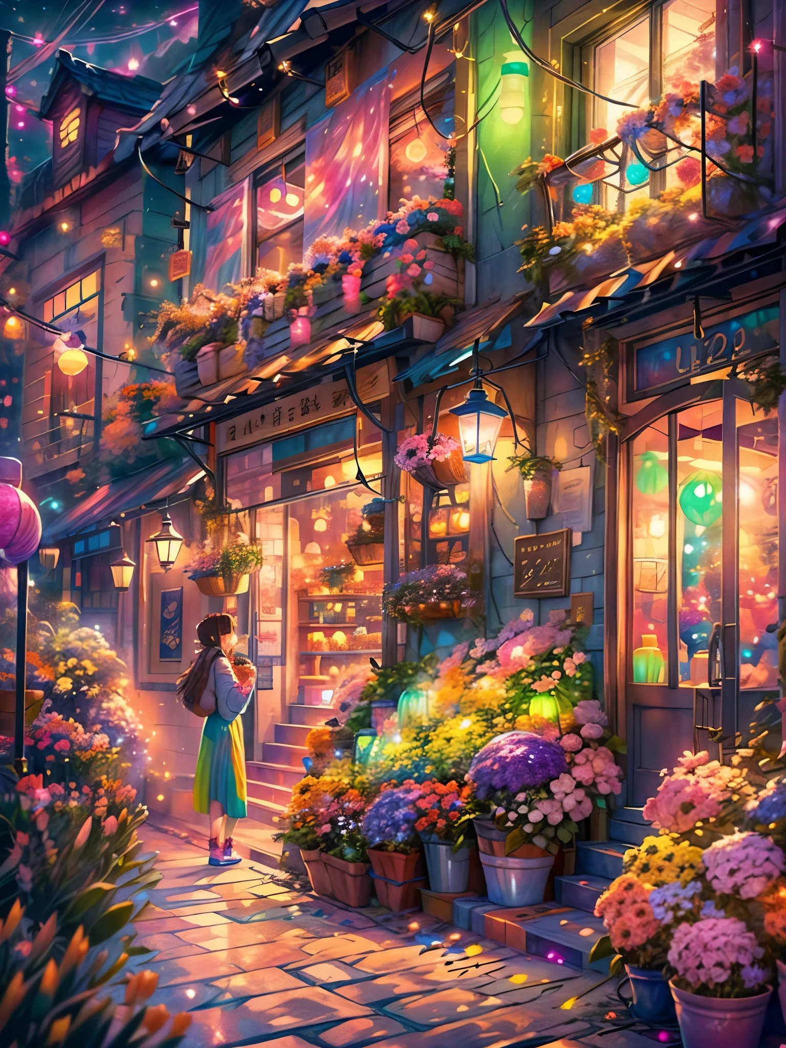 (Faraway view:1.8), ((at winter season))，(New Year&#39;s Day)，((fireworks in the night sky:1.7))，((Fireworks bloom，lots of fireworks))，Quaint European village，(corner flower shop:1.5)，beautiful  flowers，warmly lit，(Filled with many colorful lanterns and New Year decorations:1.8)，(Girl in down jacket standing on charming cobblestone street:1.2), Bathed in the warm glow of street lights，(Vines decorated with bright flowers climb up rustic buildings), Create scenes with natural beauty，The air is filled with the scent of fresh flowers from a nearby flower shop，(Depicted in delicate vector illustration style and flat style)，HighestQuali，8k，A high resolution，tmasterpiece：1.2，ultra - detailed，high dynamic range imaging，hyper HD，Studio lighting，hyperdetailed painting，Sharp focus，physically-based renderingt，Extremely detailed description，professinal，vivd colour，styled：Vector illustration