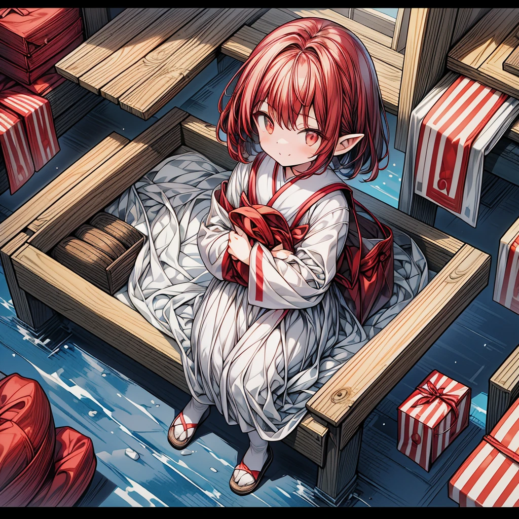 masutepiece, hightquality, hight resolution, realistic anime sketch, ((Cute little girl peeking out from inside a red and white paper bag:1.6), That paper bag is filled with good luck., huge smile., Set in a bright scene with a top-down perspective, The main character is a shrine maiden in a paper bag.., Symbolizes the beginning of an auspicious year, Traditional costumes, (The background is rich and delicate),