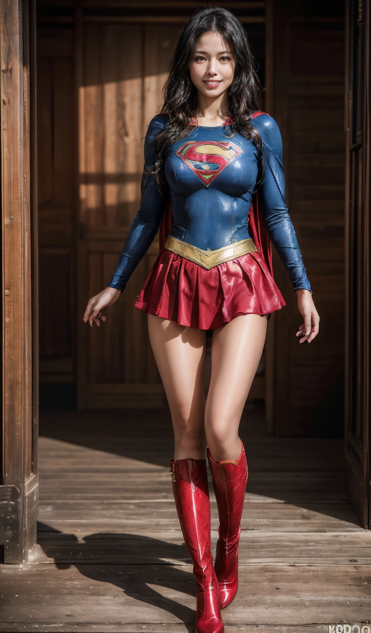 No background、Fitted Supergirl costume、Body Fit Costumes、and draw the full body、(((Wear black tights on your beautiful legs.)))、(((Grow legs、tall、Legally express the beauty of your smile)))、((((Make the most of the original image)))、(((Supergirl Costume)))、(((beautiful hairl)))、(((Suffering)))、(((Feet must necessarily be worn with black tights)))、(((You need to wear red boots)))、((Top image quality、8K))、((top-quality、8K、​masterpiece:1.3))、(((Keep Background )))、Crisp focus:1.2、Beautiful woman with perfect body shape:1.4、Slender Abs:1.2、a wet body:1.5、Highly detailed facial and skin texture、8K