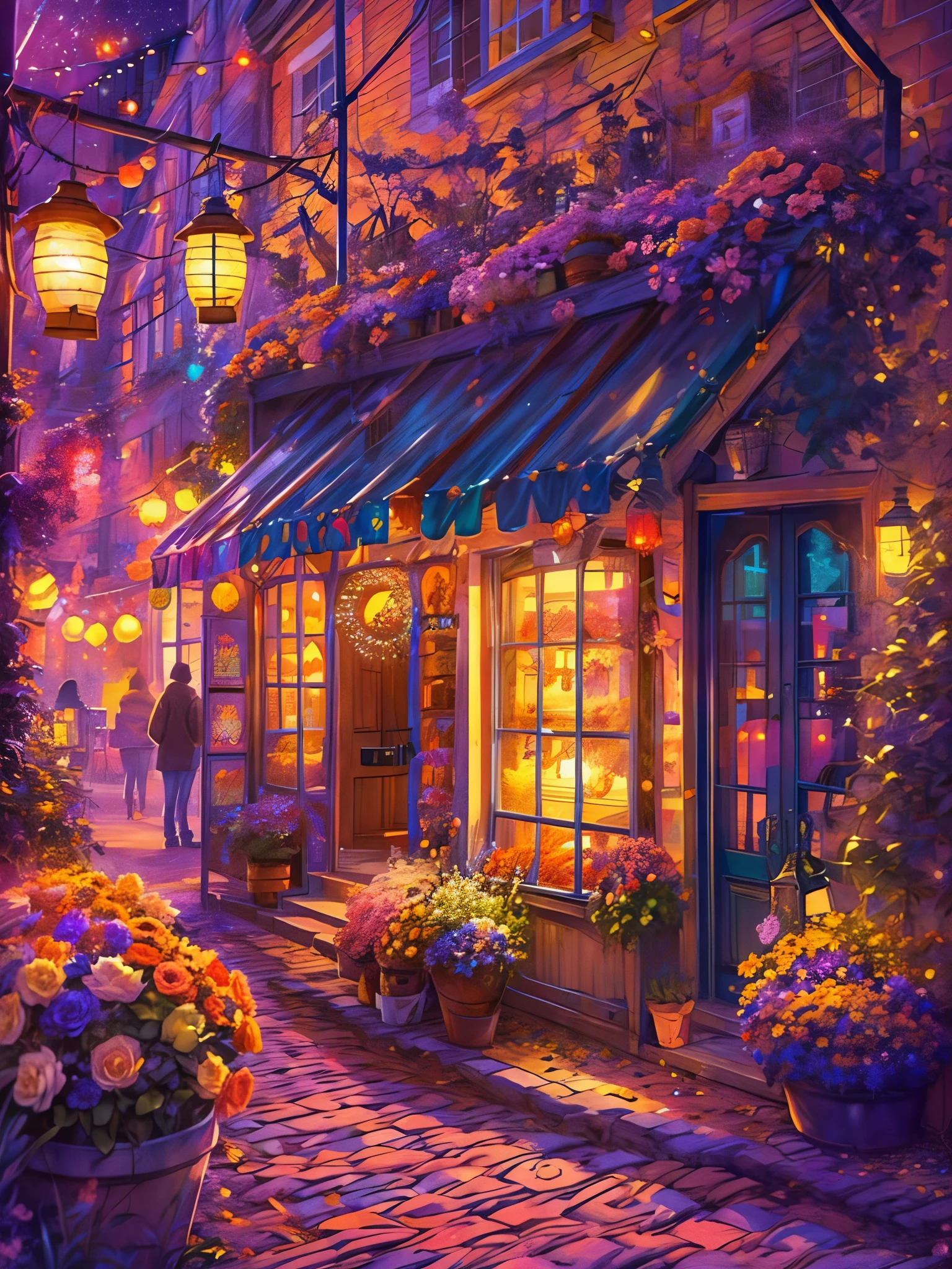 (Faraway view:1.8), ((at winter season)),(New Year's Day),(fireworks in the night sky:1.8),Quaint European village,(corner flower shop:1.5),beautiful flowers,warmly lit,(Filled with many colorful lanterns and New Year decorations:1.8),Girl standing on charming cobblestone street, Bathed in the warm glow of street lights,Vines decorated with bright flowers climb up rustic buildings, Create scenes with natural beauty,The air is filled with the aroma of freshly baked bread from a nearby bakery.,(Depicted in delicate vector illustration style and flat style)