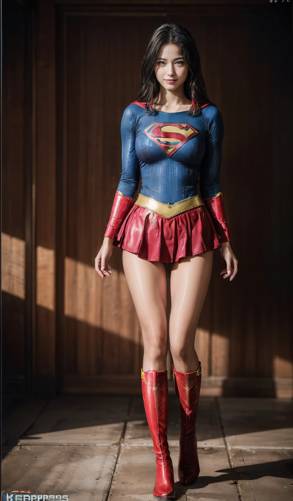 No background、Fitted Supergirl costume、Body Fit Costumes、and draw the full body、(((Wear black tights on your beautiful legs.)))、(((Grow legs、tall、Legally express the beauty of your smile)))、((((Make the most of the original image)))、(((Supergirl Costume)))、(((beautiful hairl)))、(((Suffering)))、(((Feet must necessarily be worn with black tights)))、(((You need to wear red boots)))、((Top image quality、8K))、((top-quality、8K、​masterpiece:1.3))、(((Keep Background )))、Crisp focus:1.2、Beautiful woman with perfect body shape:1.4、Slender Abs:1.2、a wet body:1.5、Highly detailed facial and skin texture、8K