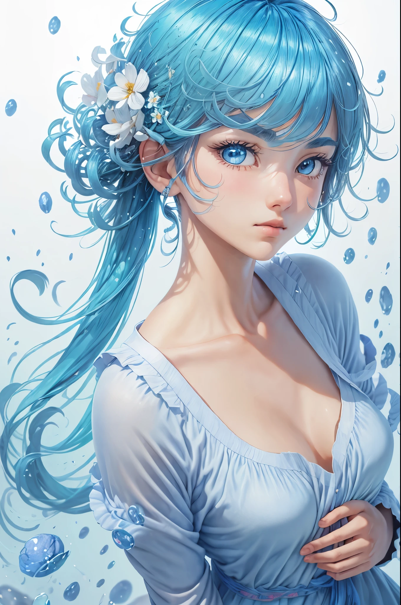 ethereal vampire, soft tan skin, blue hair, ruby eyes, pink corset, white tight clothing, thigh-highs, bubble butt, huge breasts, starlight, cotton candy, lolita fashion, thighs, artstation, trending, ultra HD, 4k, detailed anatomy, (shiny skin), ((oiled skin)), dramatic lighting, high contrast, kawaii, skin indentation, delicate, high quality unreal engine 5, pretty , ultra realistic style, detailed face, flower accessory, soft pastel background color, art by sakimichan, uncovered, Unreal Engine 5, Cinematic, Color Grading, portrait Photography, Ultra-Wide Angle, Depth of ield, hyper-detailed, beautifully color-coded, insane details, intricate details, beautifully color graded