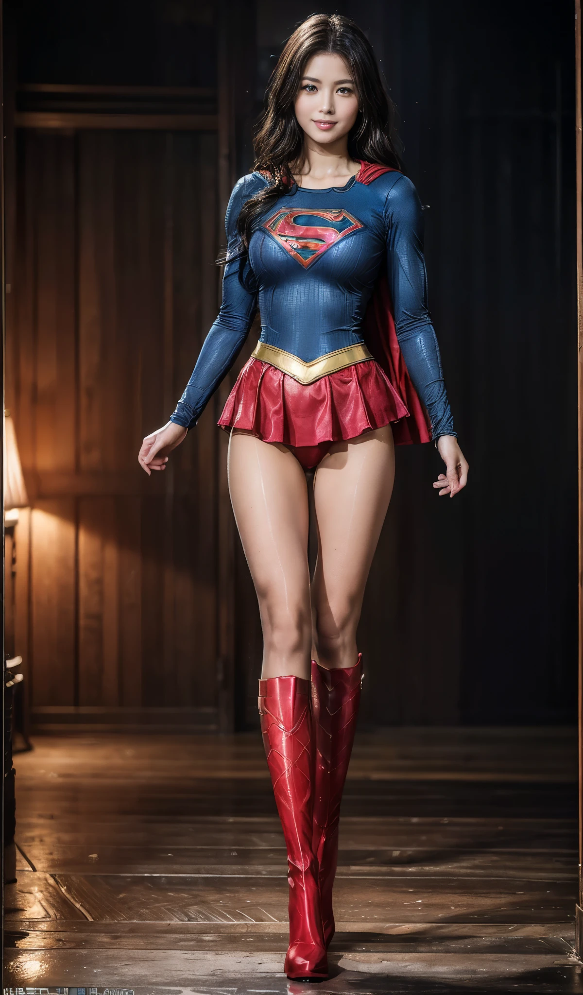 No background、Fitted Supergirl costume、Body Fit Costumes、and draw the full body、(((Wear black tights on your beautiful legs.)))、(((Grow legs、tall、Legally express the beauty of your smile)))、((((Make the most of the original image)))、(((Supergirl Costume)))、(((beautiful hairl)))、(((Suffering)))、(((Feet must necessarily be worn with black tights)))、(((You need to wear red boots)))、((Top image quality、8K))、((top-quality、8K、​masterpiece:1.3))、(((Keep Background )))、Crisp focus:1.2、Beautiful woman with perfect body shape:1.4、Slender Abs:1.2、a wet body:1.5、Highly detailed facial and skin texture、8K